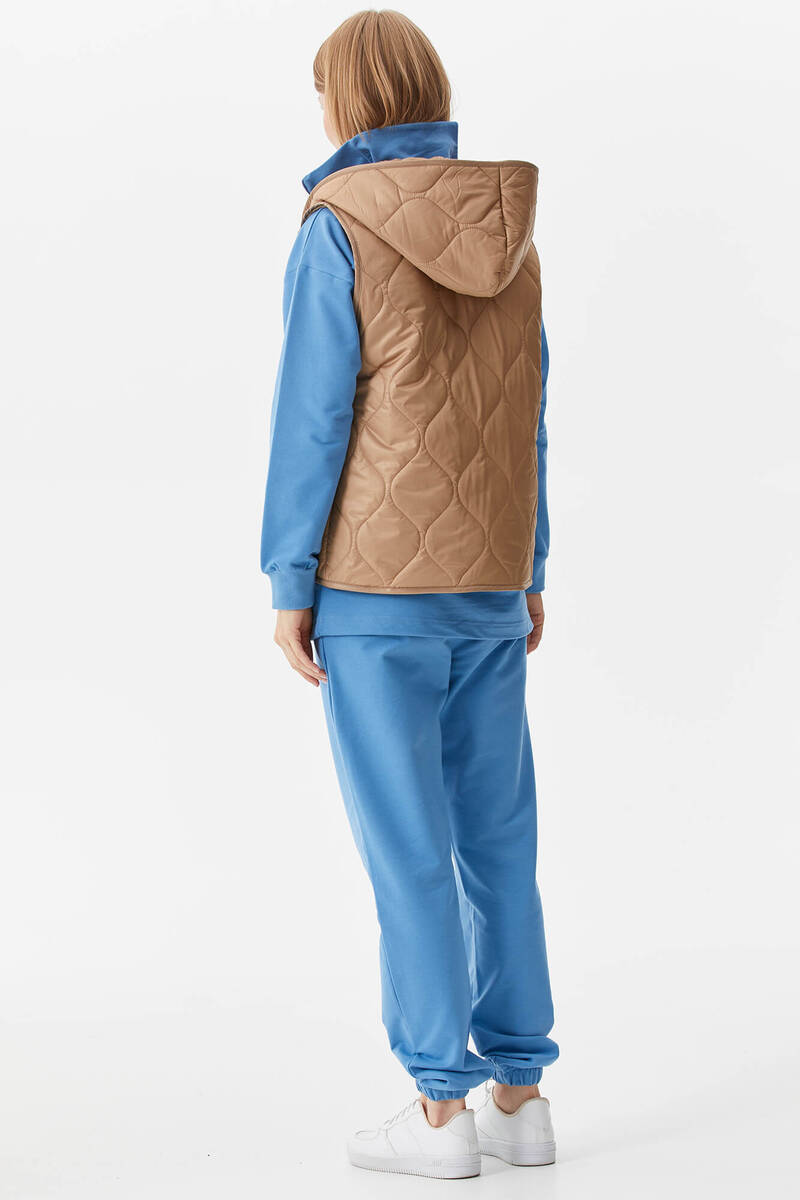 İçi Peluş Kürklü Kapüşonlu Kapitone Yelek - Bej (5) Sementa