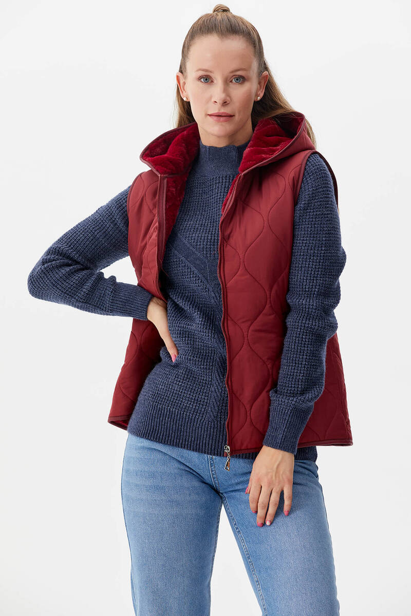 İçi Peluş Kürklü Kapüşonlu Kapitone Yelek - Bordo - Sementa