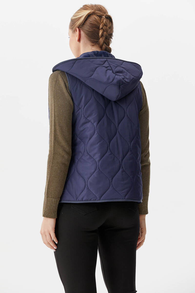 İçi Peluş Kürklü Kapüşonlu Kapitone Yelek - Lacivert (5) Sementa