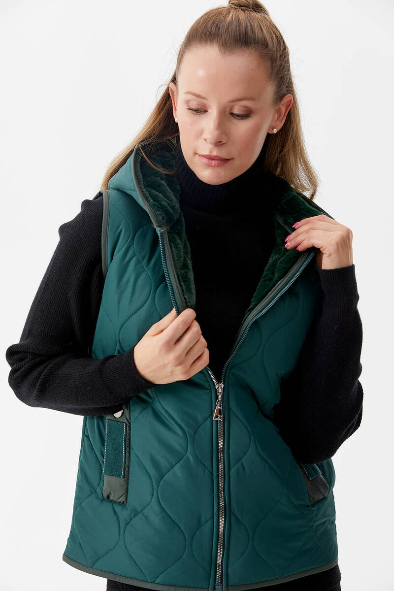 İçi Peluş Kürklü Kapüşonlu Kapitone Yelek - Yeşil (5) Sementa