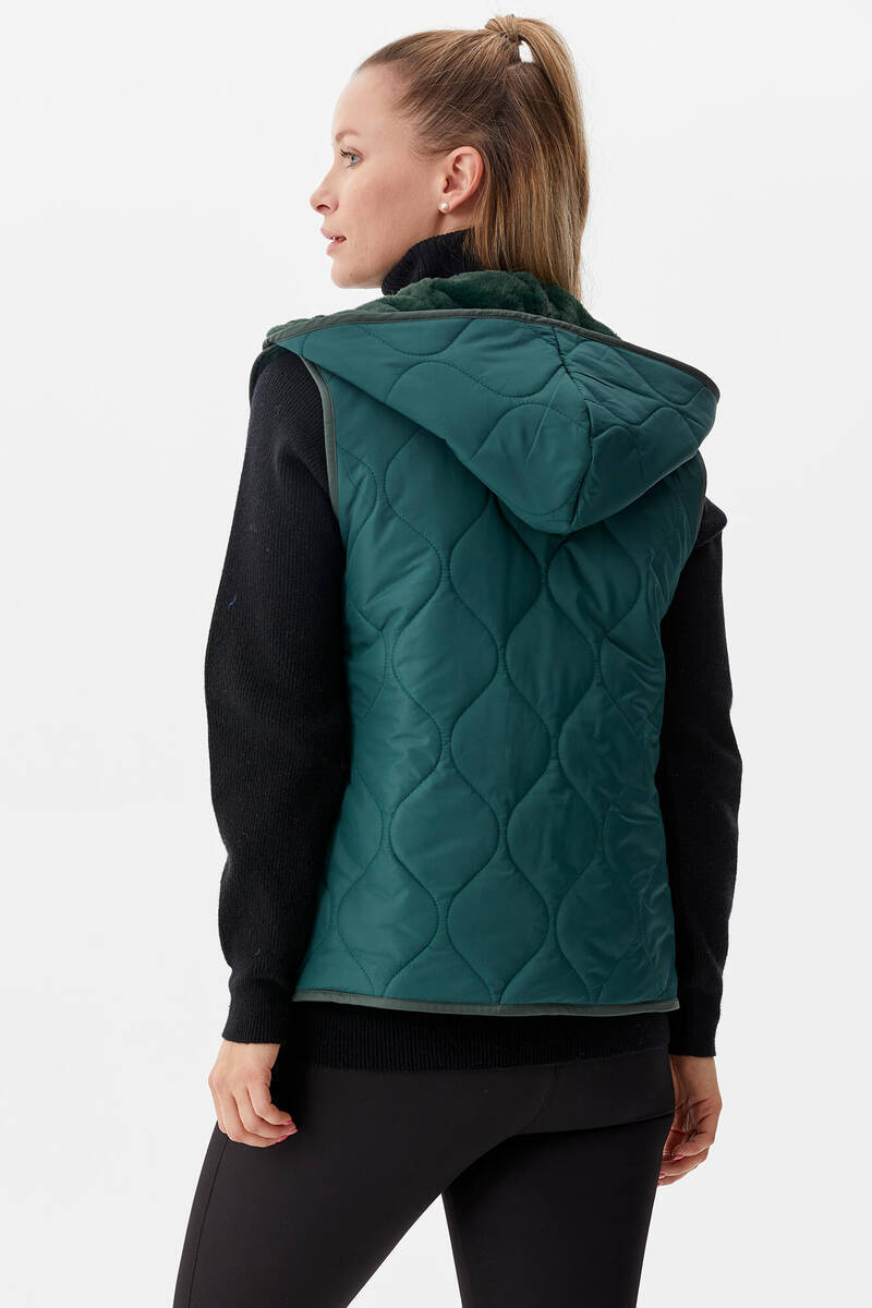 İçi Peluş Kürklü Kapüşonlu Kapitone Yelek - Yeşil (6) Sementa