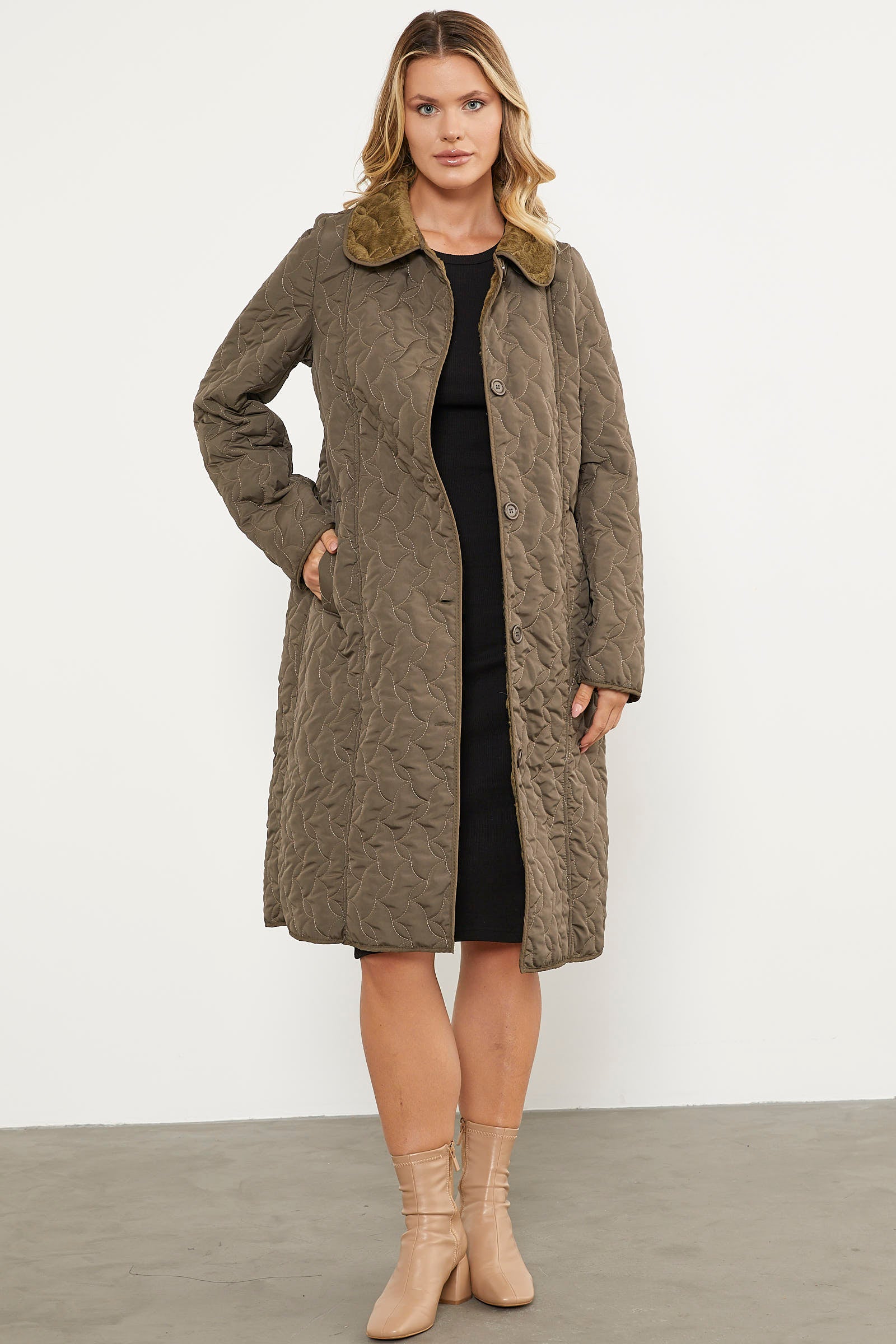 İçi Tamamen Pelüş Kapitone Uzun Kaban - Haki (1) Sementa