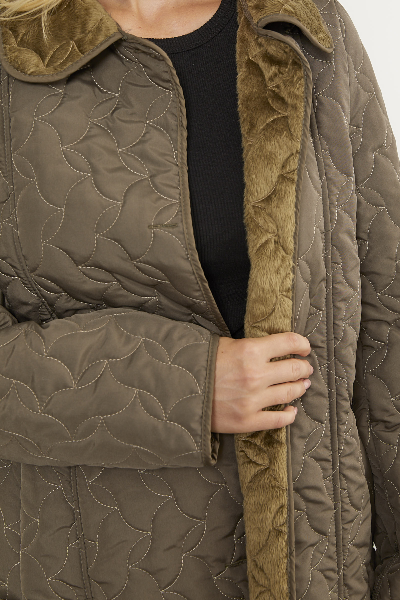 İçi Tamamen Pelüş Kapitone Uzun Kaban - Haki (6) Sementa