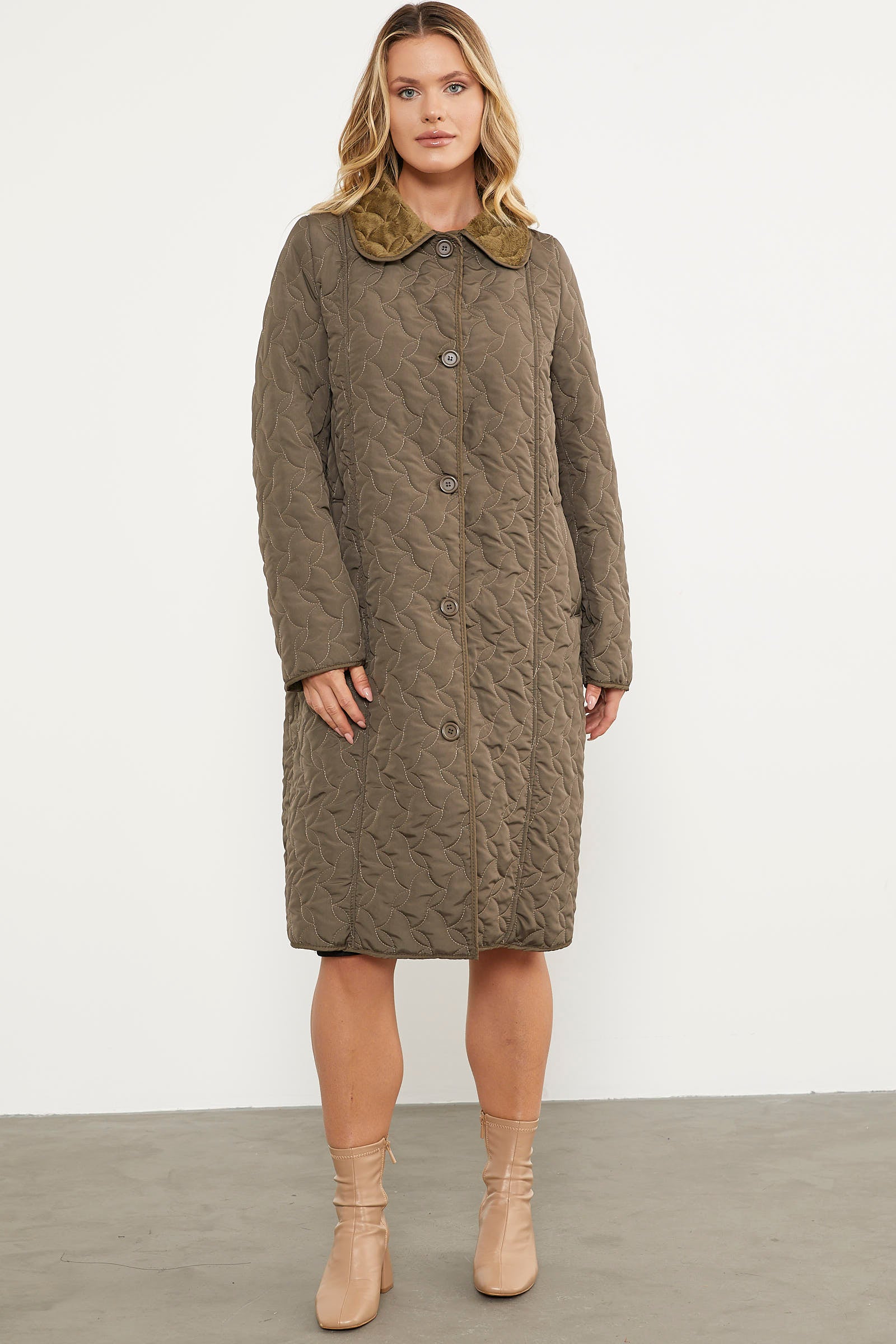 İçi Tamamen Pelüş Kapitone Uzun Kaban - Haki (5) Sementa