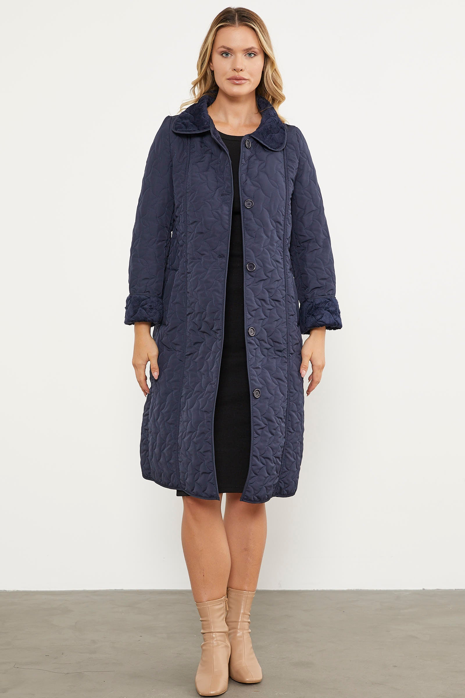 İçi Tamamen Pelüş Kapitone Uzun Kaban - Lacivert (1) Sementa