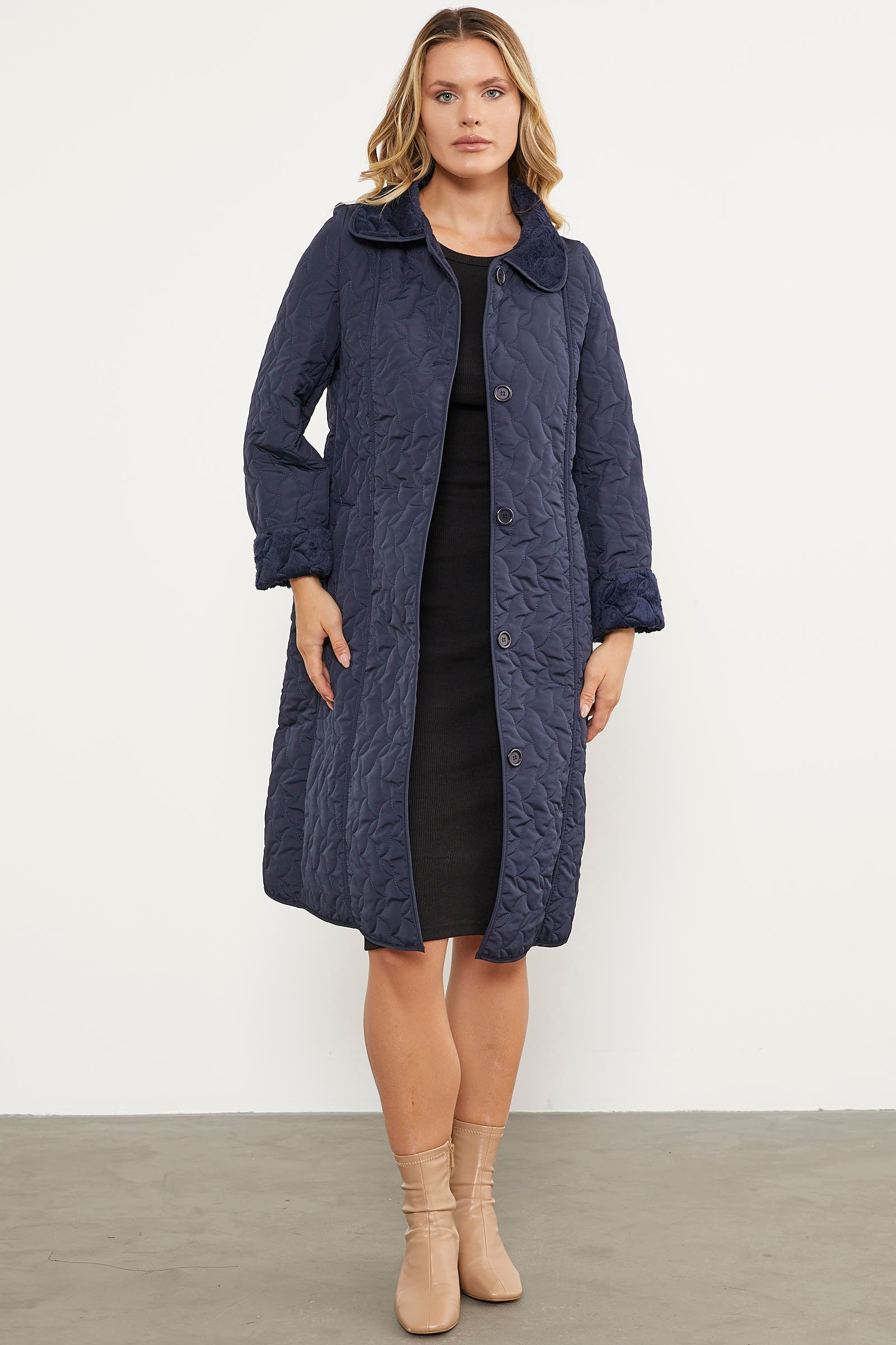 İçi Tamamen Pelüş Kapitone Uzun Kaban - Lacivert (2) Sementa