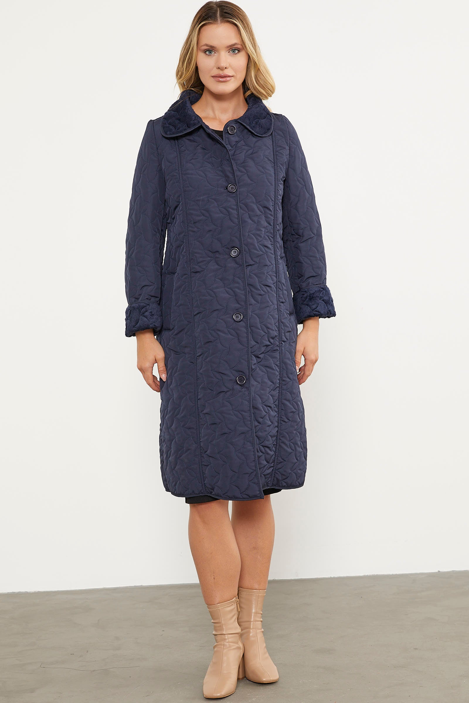 İçi Tamamen Pelüş Kapitone Uzun Kaban - Lacivert (4) Sementa