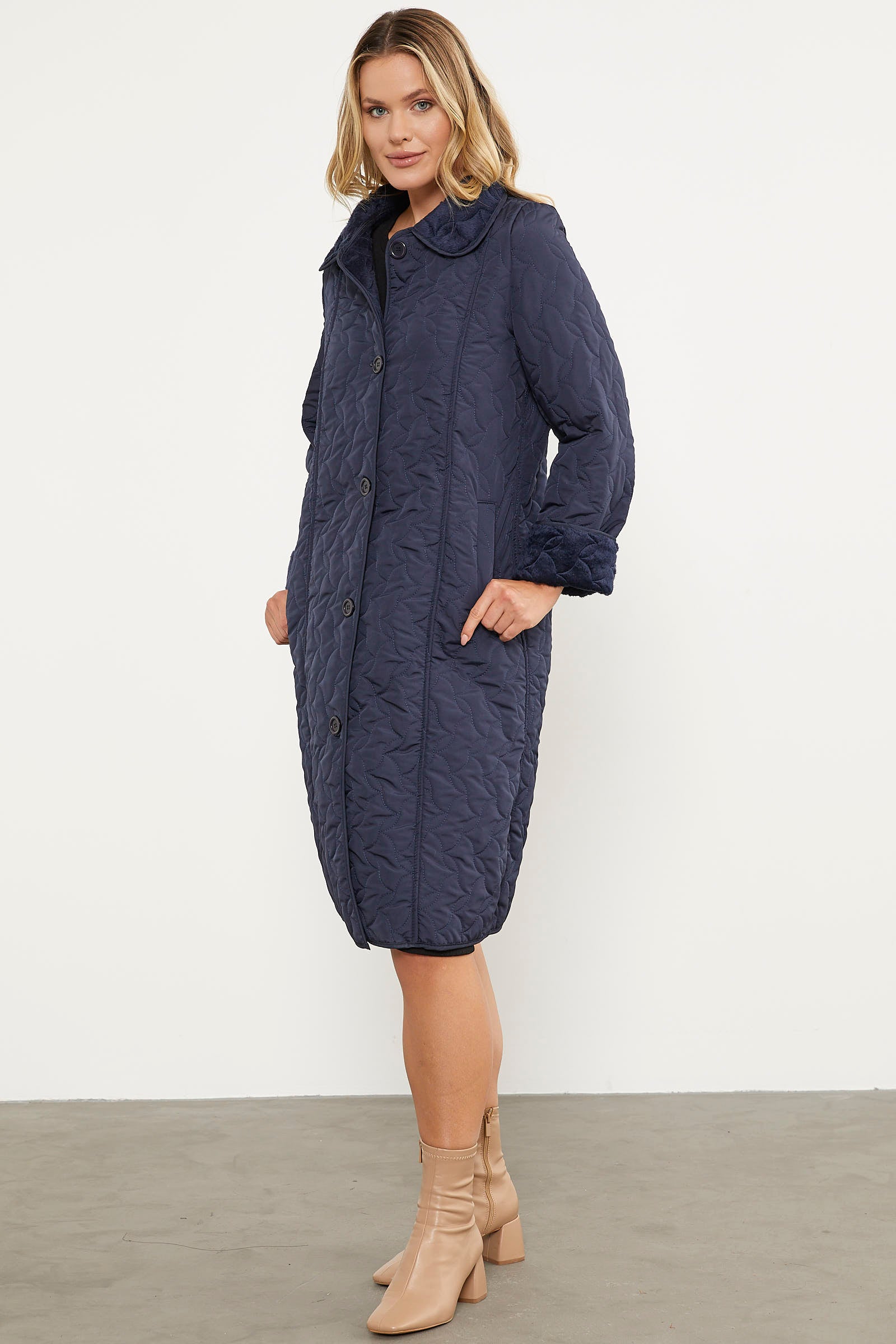 İçi Tamamen Pelüş Kapitone Uzun Kaban - Lacivert (5) Sementa