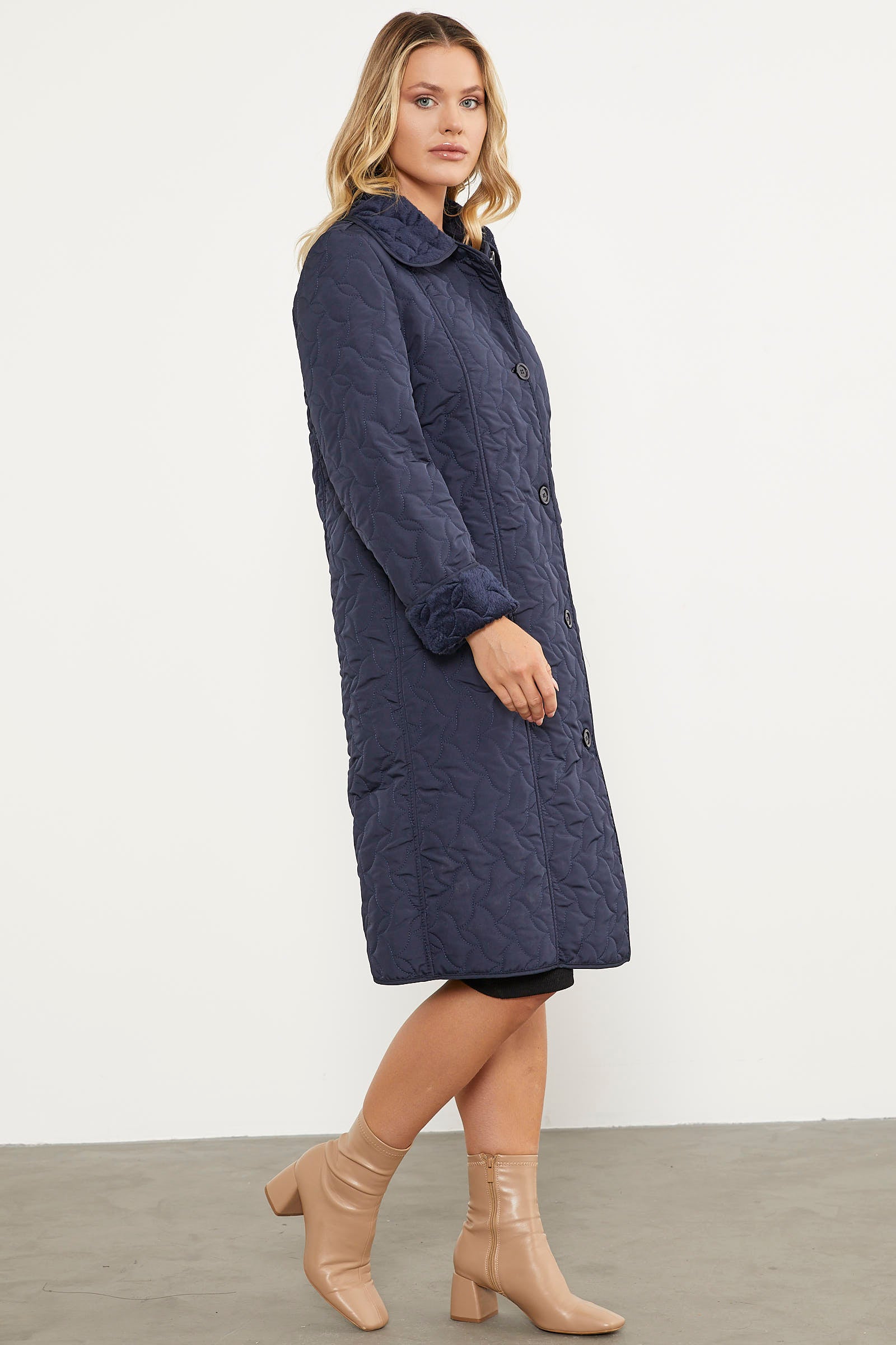 İçi Tamamen Pelüş Kapitone Uzun Kaban - Lacivert (6) Sementa