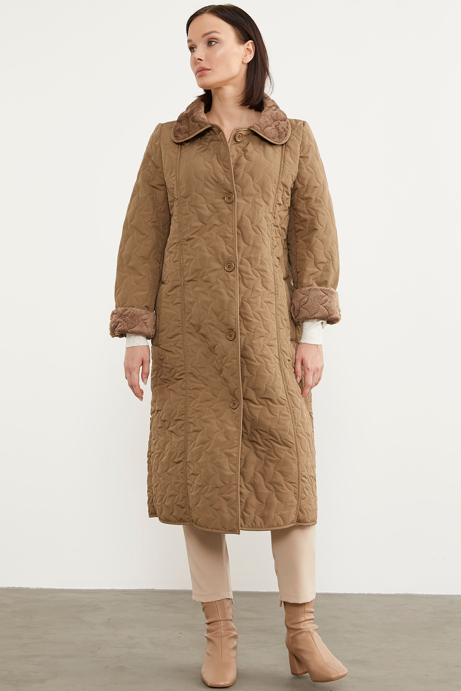 İçi Tamamen Pelüş Kapitone Uzun Kaban - Vizon (2) Sementa