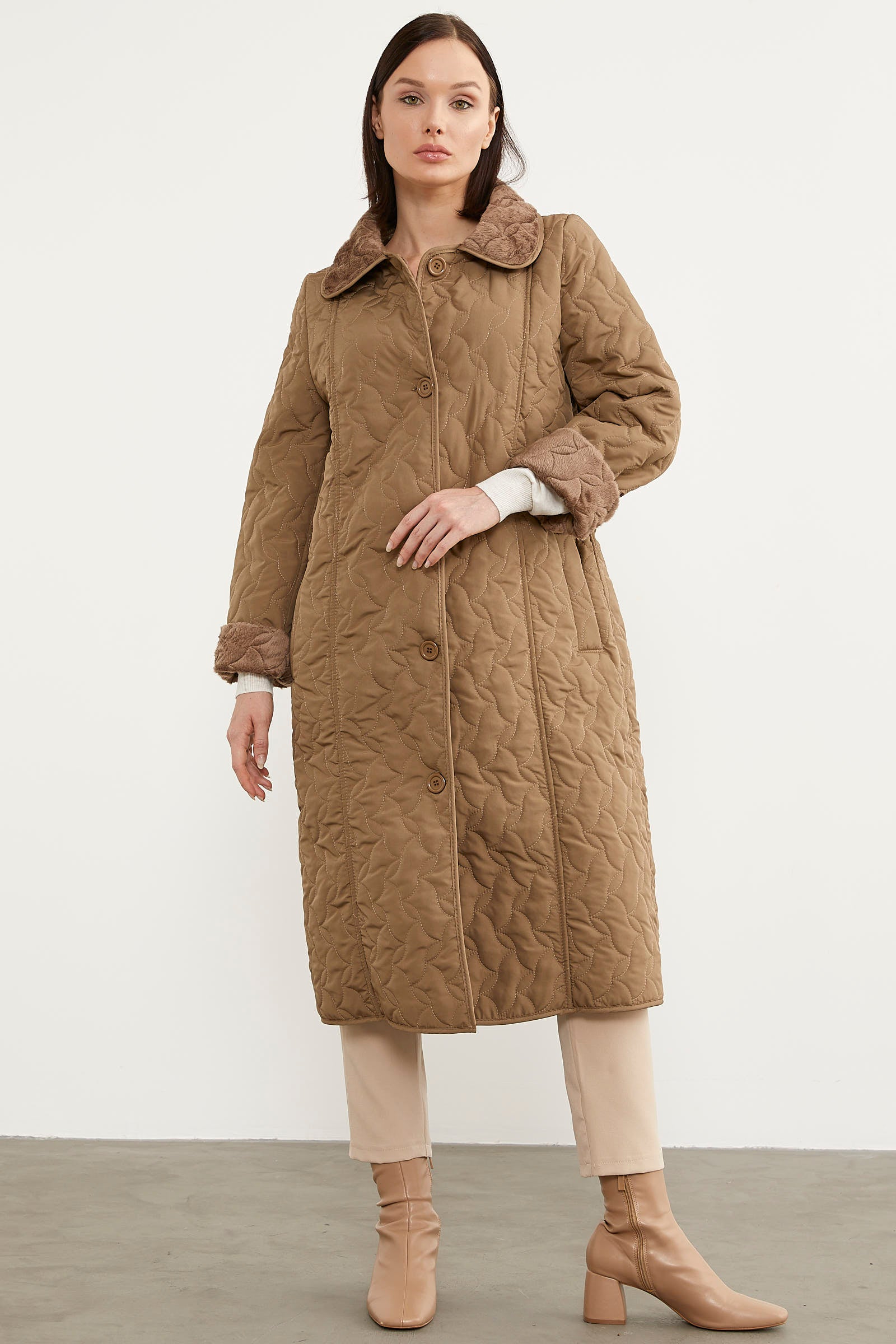 İçi Tamamen Pelüş Kapitone Uzun Kaban - Vizon (1) Sementa