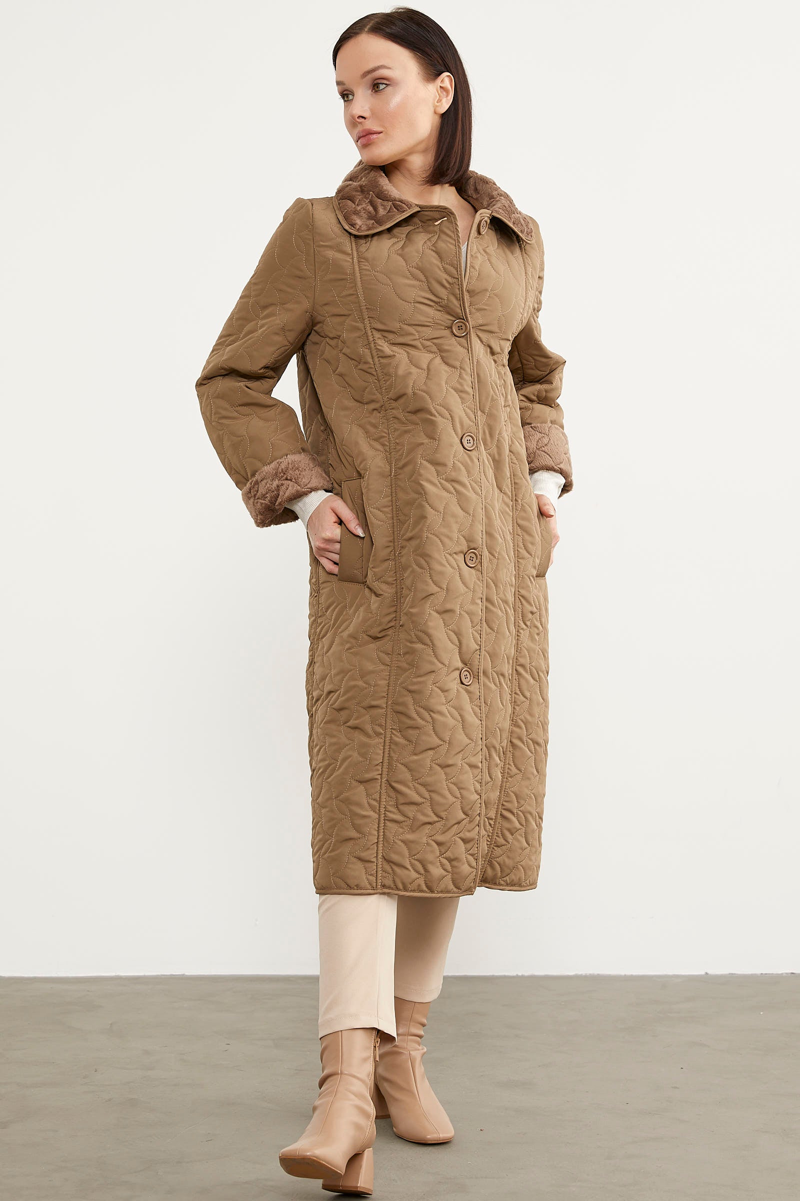 İçi Tamamen Pelüş Kapitone Uzun Kaban - Vizon (4) Sementa