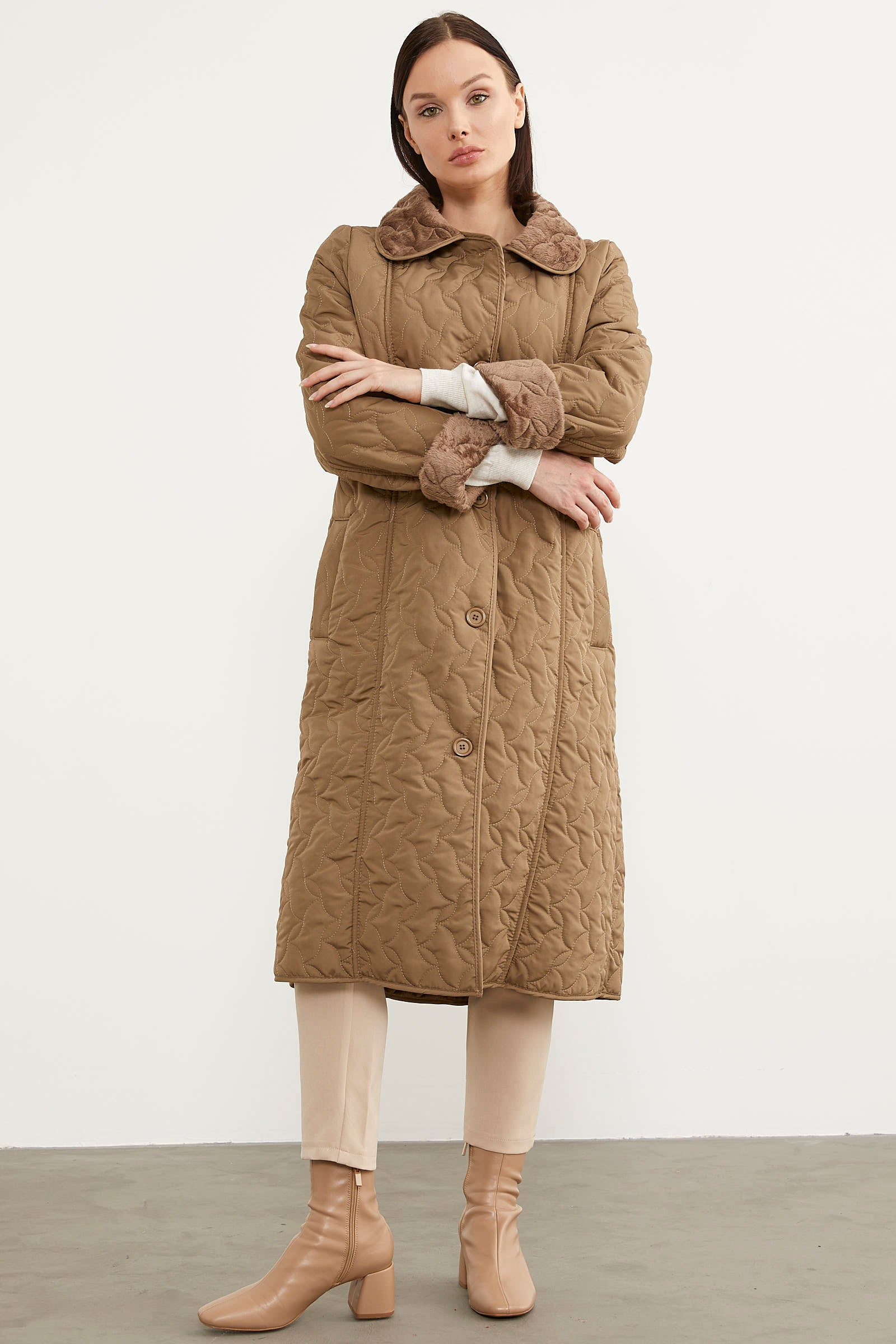 İçi Tamamen Pelüş Kapitone Uzun Kaban - Vizon (6) Sementa