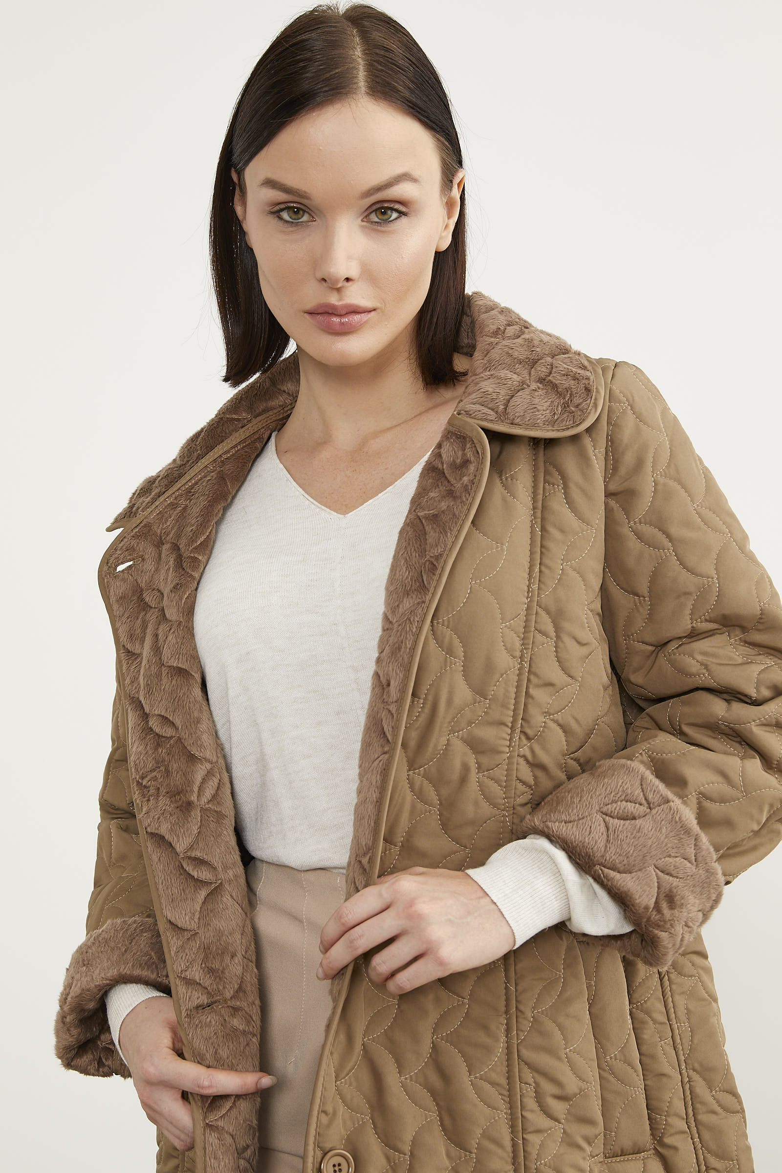 İçi Tamamen Pelüş Kapitone Uzun Kaban - Vizon (5) Sementa