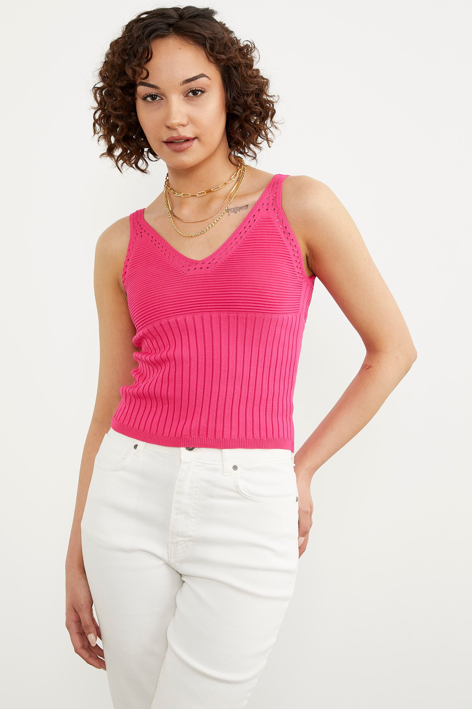 İnce Askılı Örme Detaylı Triko Crop - Fuşya (1) Sementa