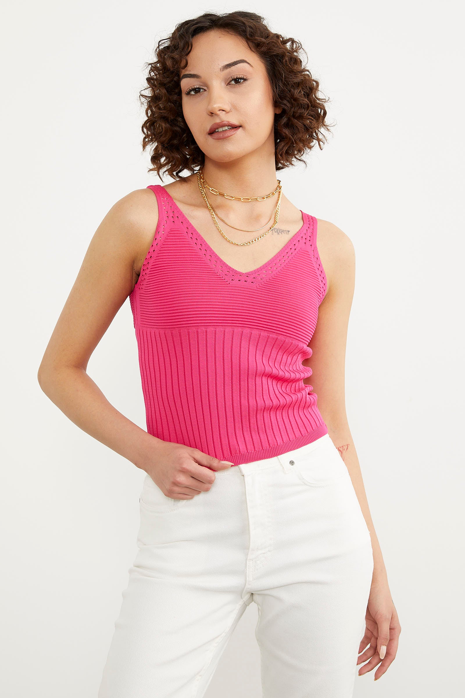 İnce Askılı Örme Detaylı Triko Crop - Fuşya (2) Sementa