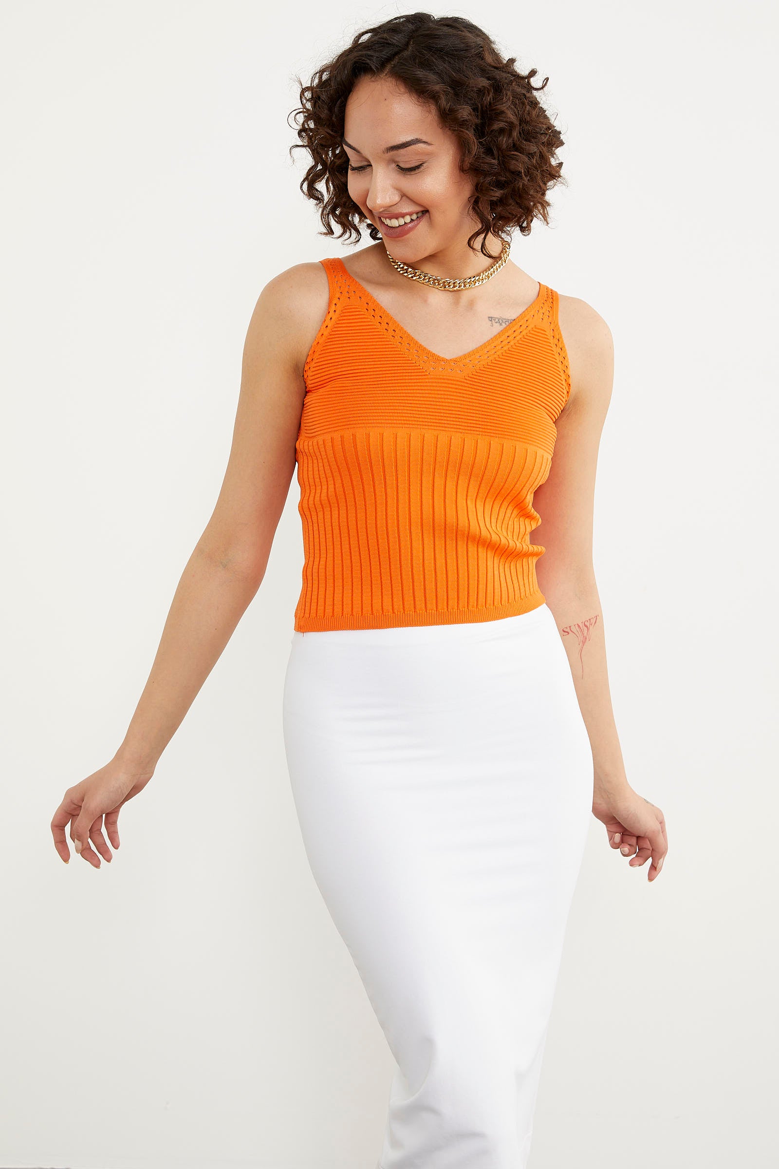 İnce Askılı Örme Detaylı Triko Crop - Oranj (5) Sementa