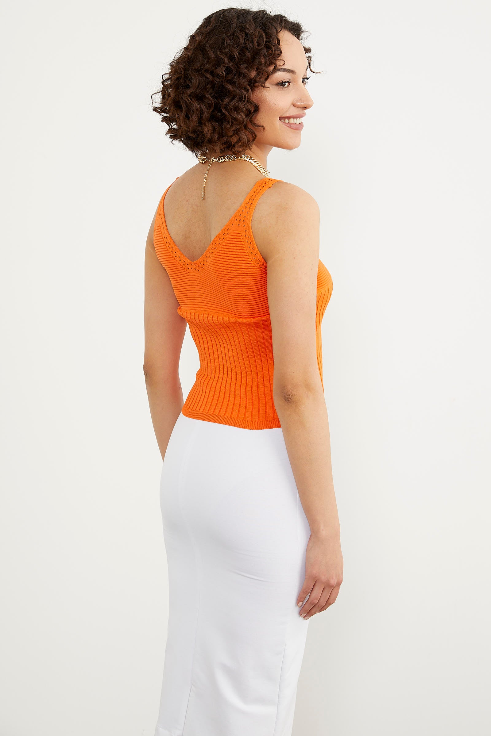 İnce Askılı Örme Detaylı Triko Crop - Oranj (6) Sementa