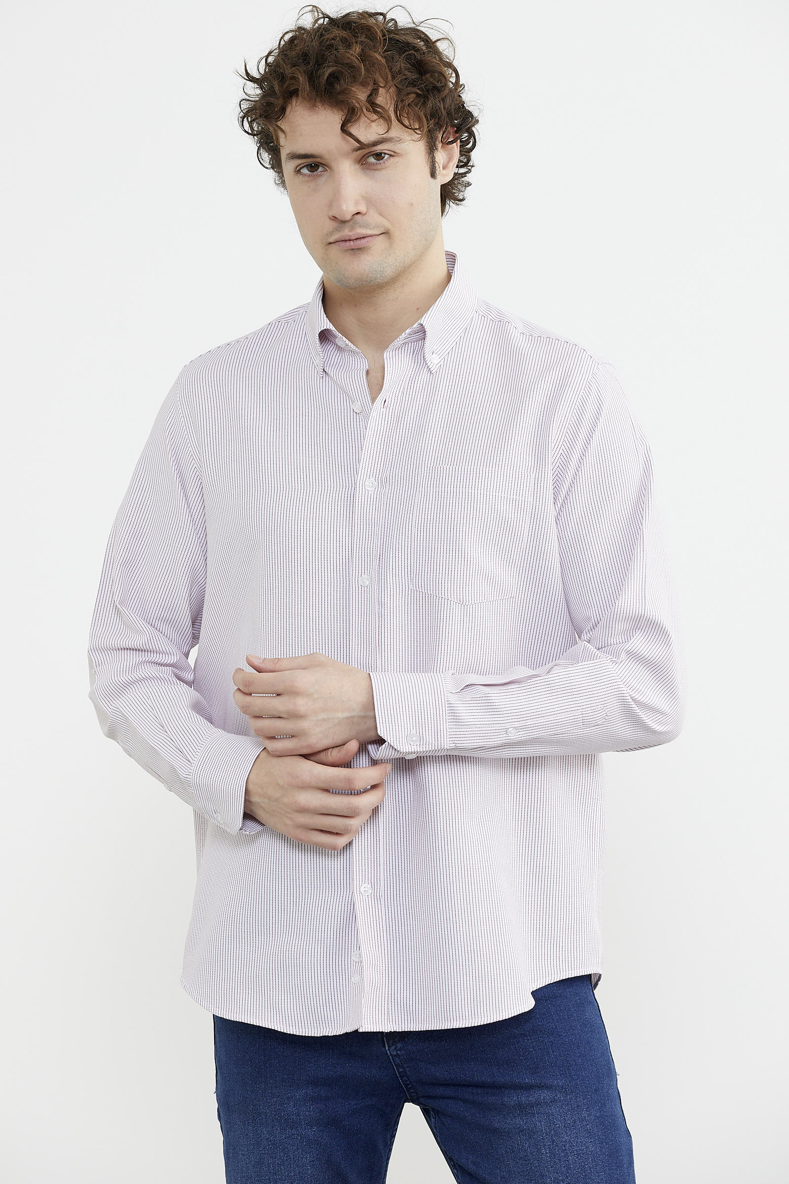 İnce Çizgili Cepli Uzun Kol Gömlek - Kırmızı (2) Sementa