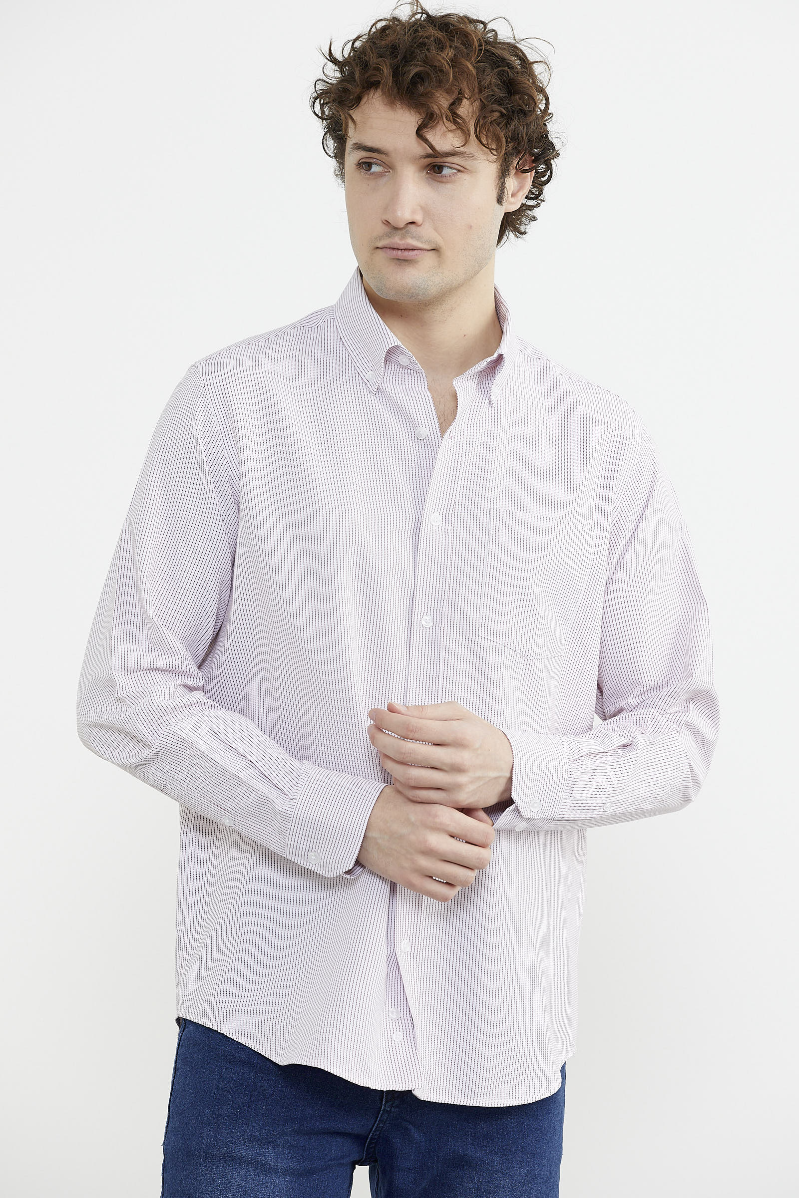 İnce Çizgili Cepli Uzun Kol Gömlek - Kırmızı (3) Sementa