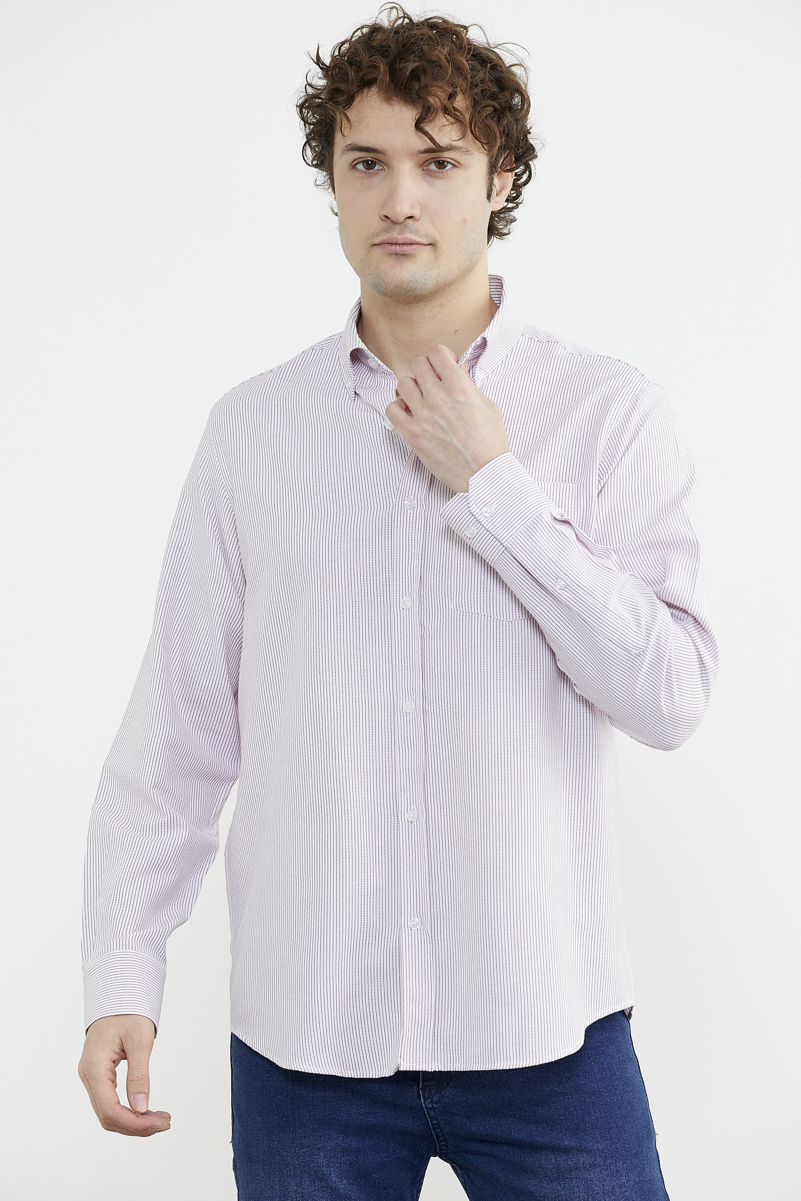 İnce Çizgili Cepli Uzun Kol Gömlek - Kırmızı (4) Sementa