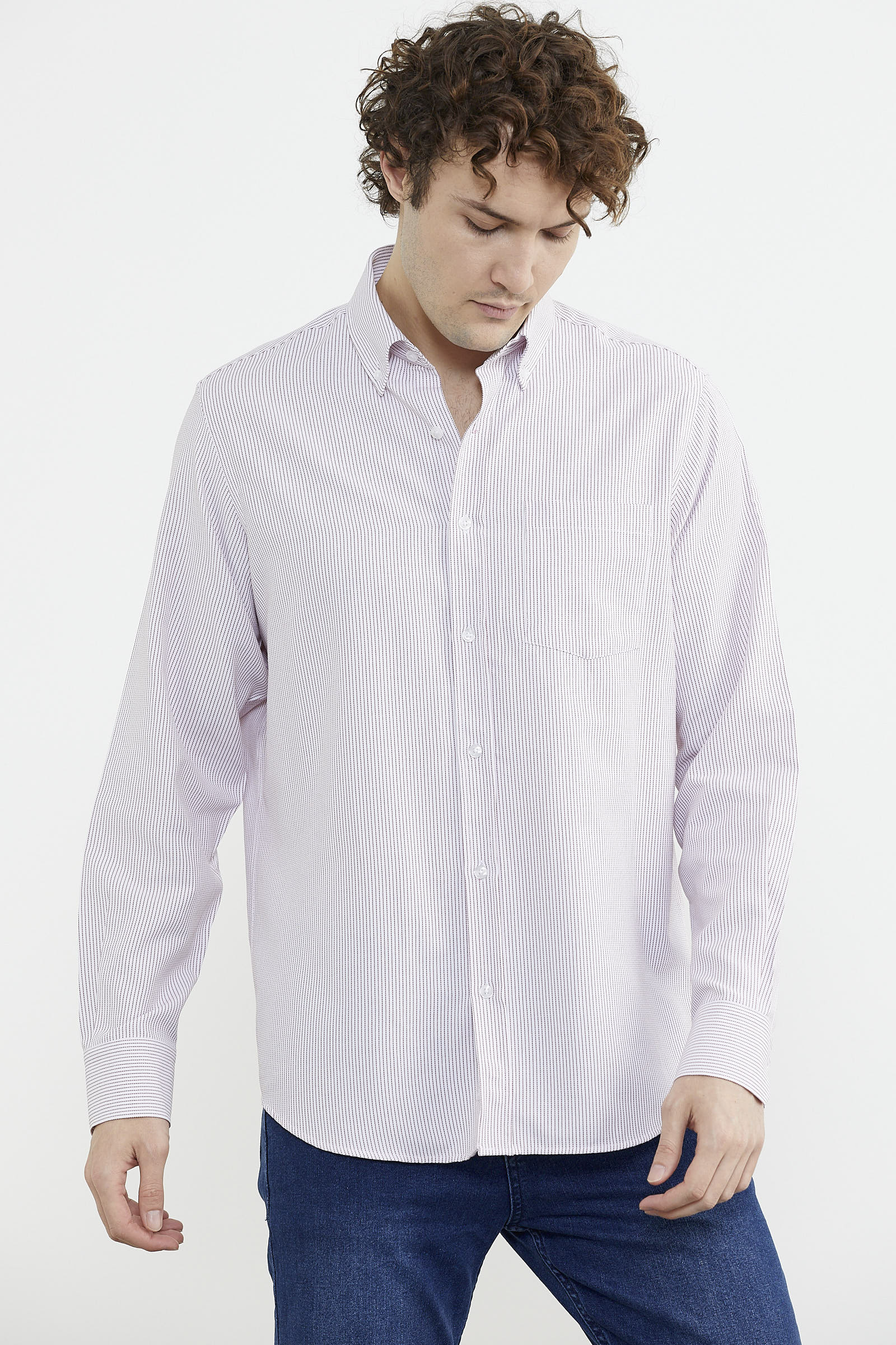 İnce Çizgili Cepli Uzun Kol Gömlek - Kırmızı (5) Sementa