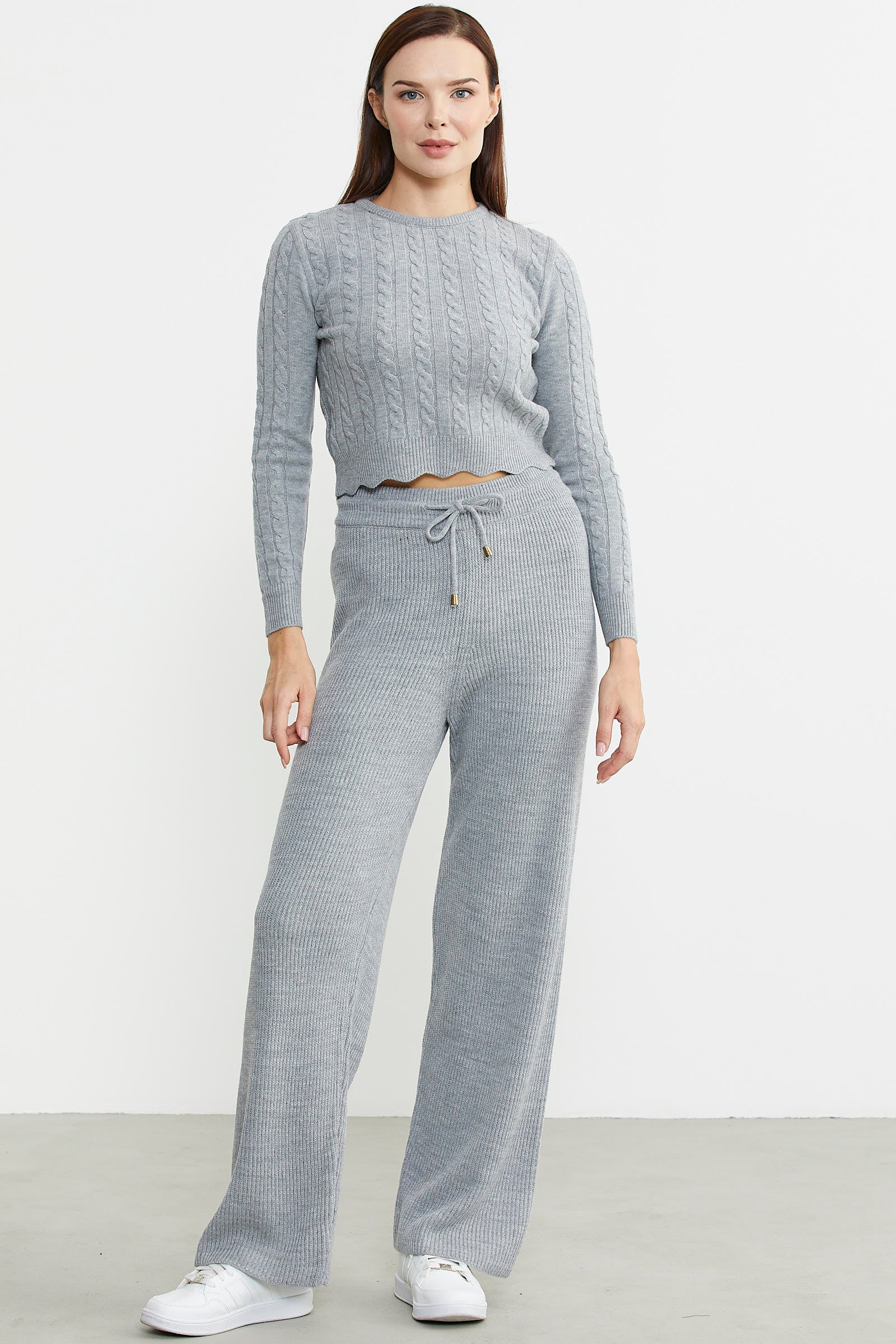 İnce Fitilli Beli Lastikli Triko Pantolon - Gri - Sementa