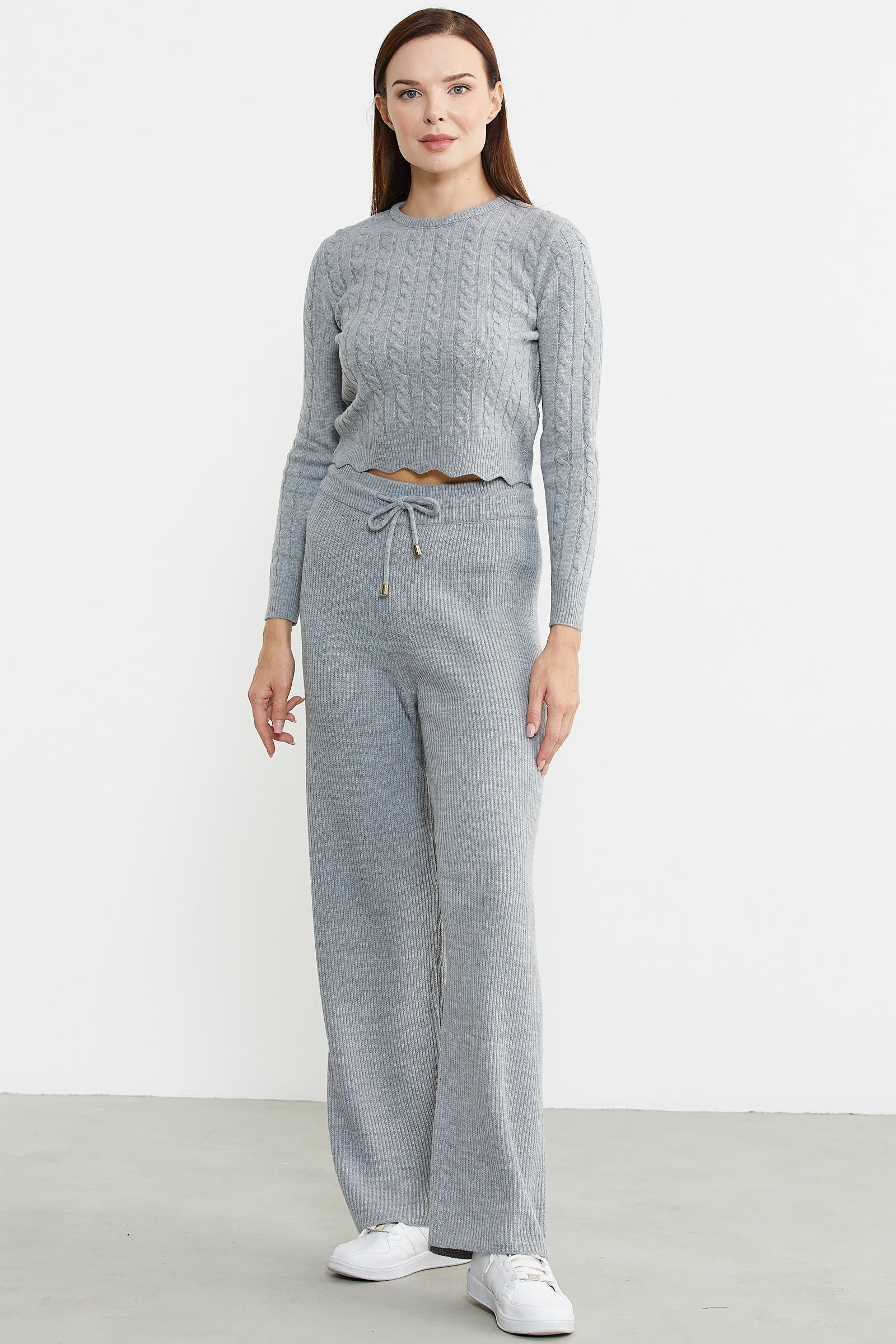 İnce Fitilli Beli Lastikli Triko Pantolon - Gri - Sementa