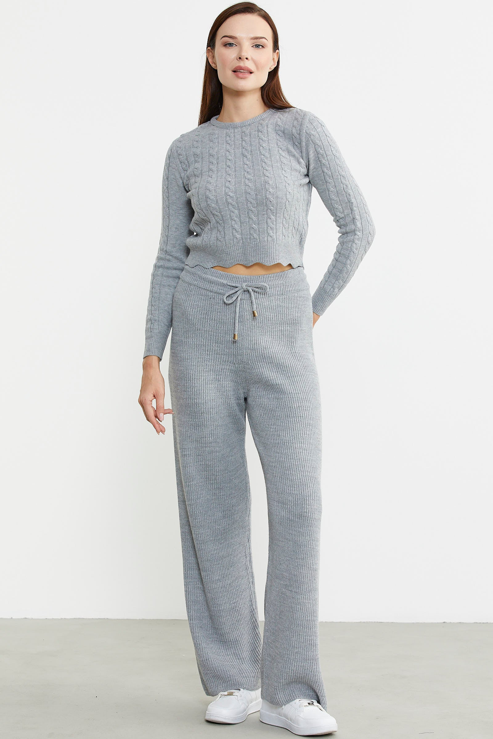 İnce Fitilli Beli Lastikli Triko Pantolon - Gri - Sementa