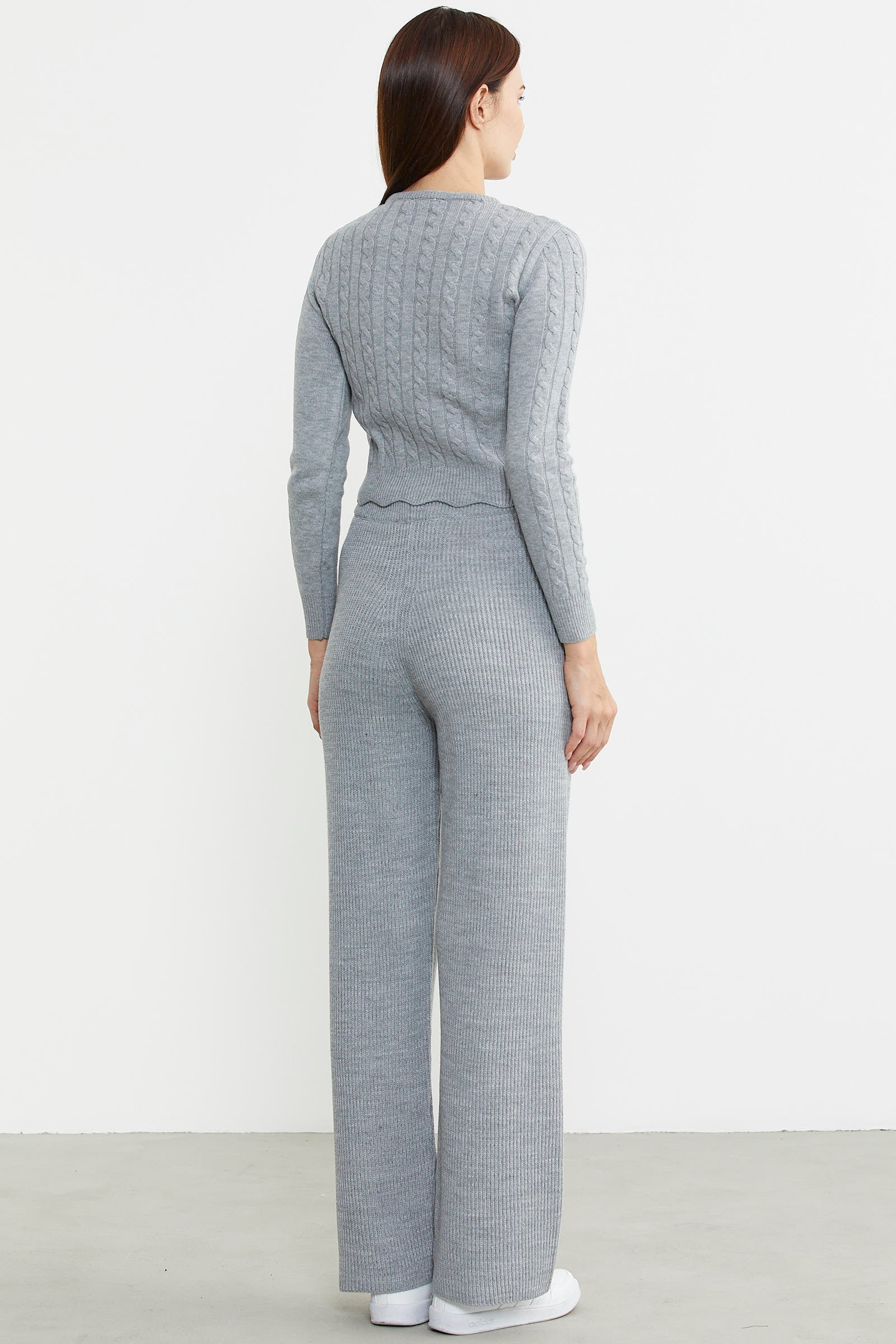 İnce Fitilli Beli Lastikli Triko Pantolon - Gri - Sementa