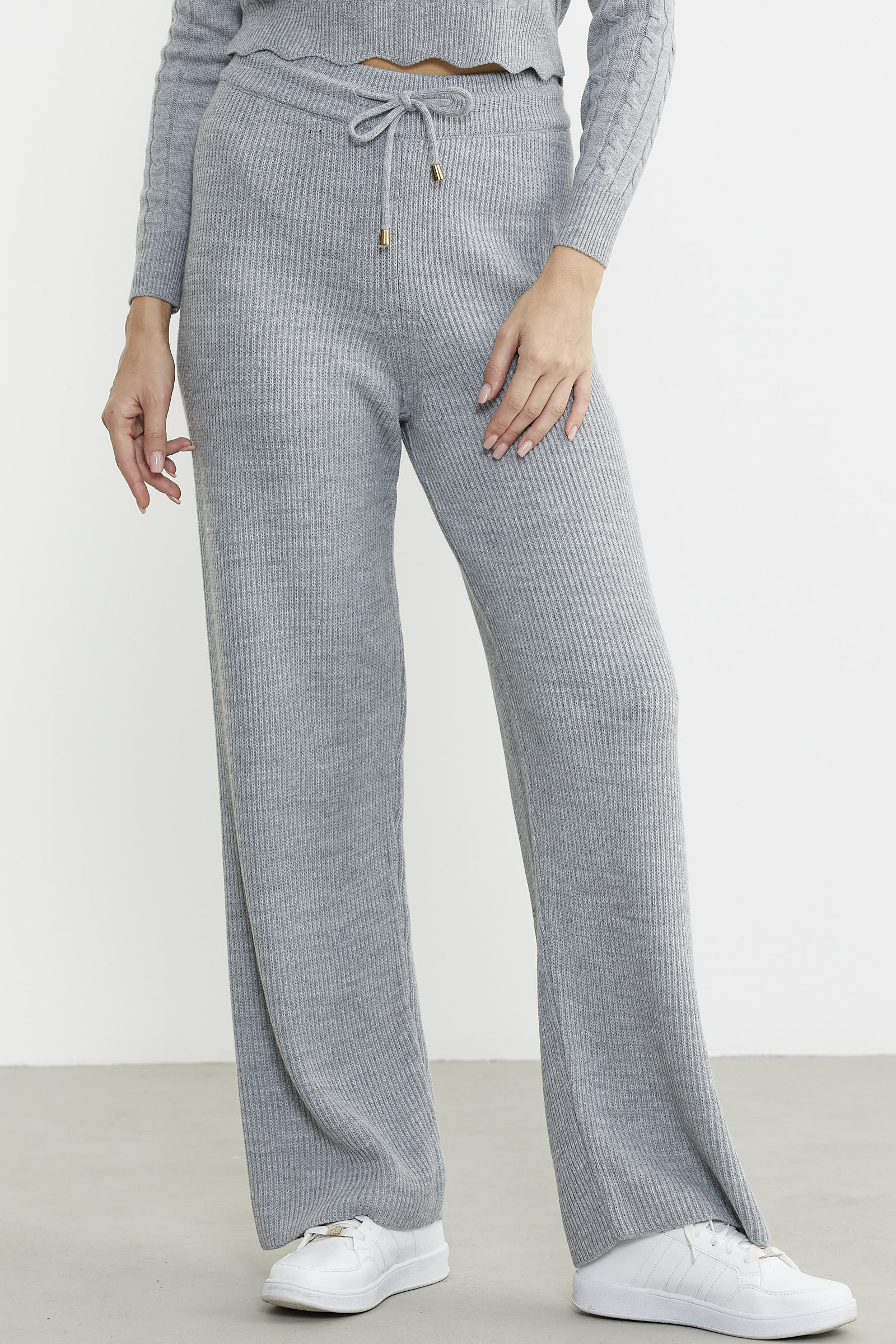 İnce Fitilli Beli Lastikli Triko Pantolon - Gri - Sementa