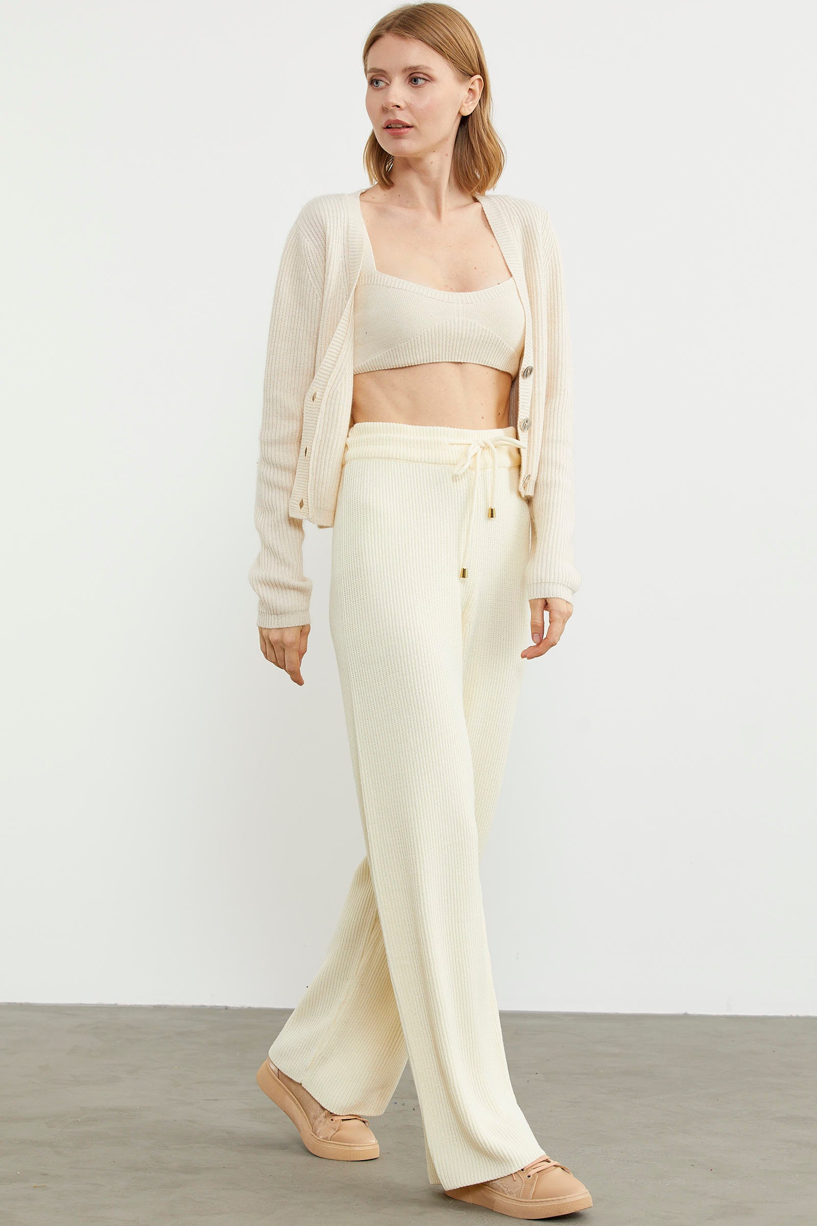 İnce Fitilli Beli Lastikli Triko Pantolon - Kemik (2) Sementa