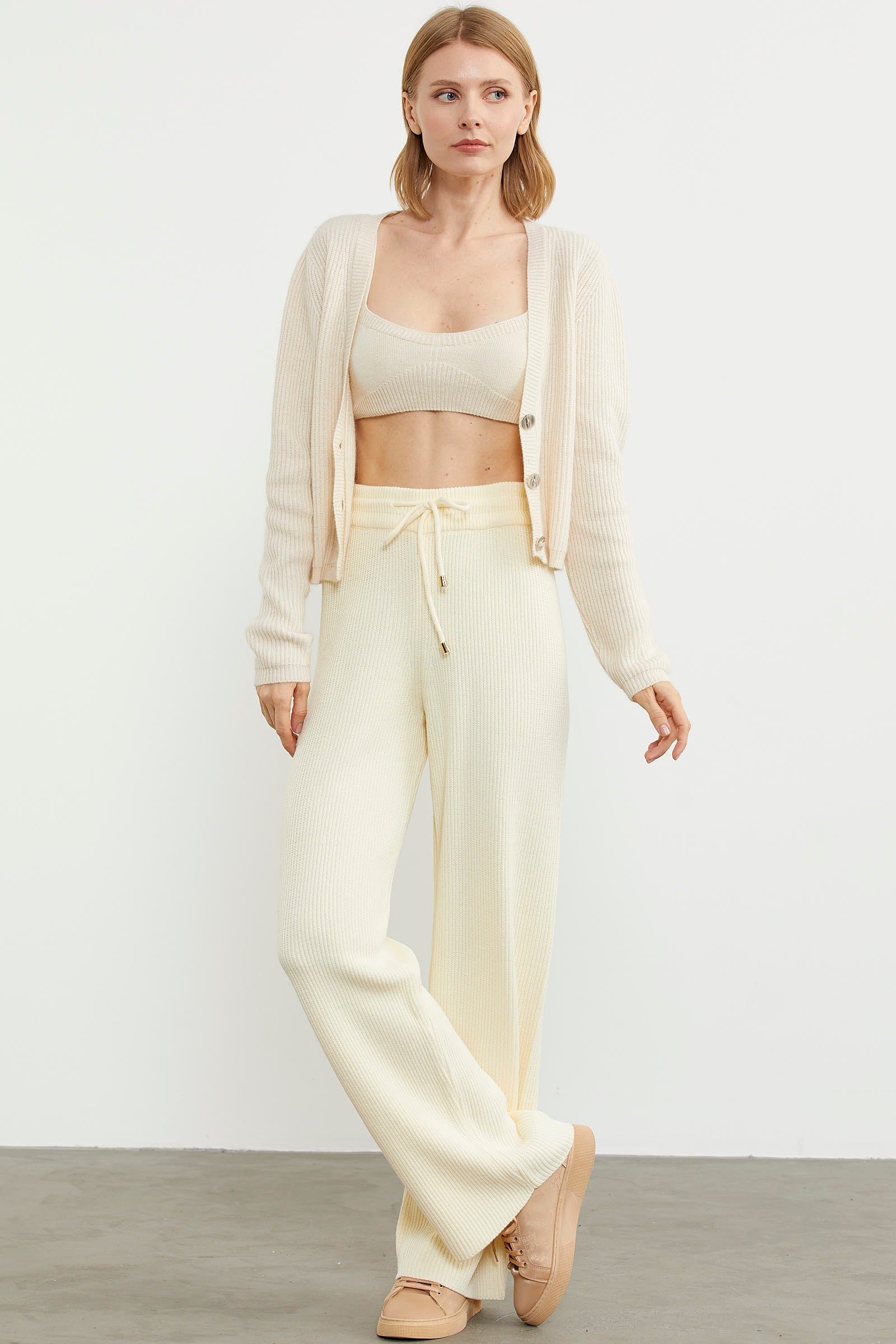 İnce Fitilli Beli Lastikli Triko Pantolon - Kemik (3) Sementa