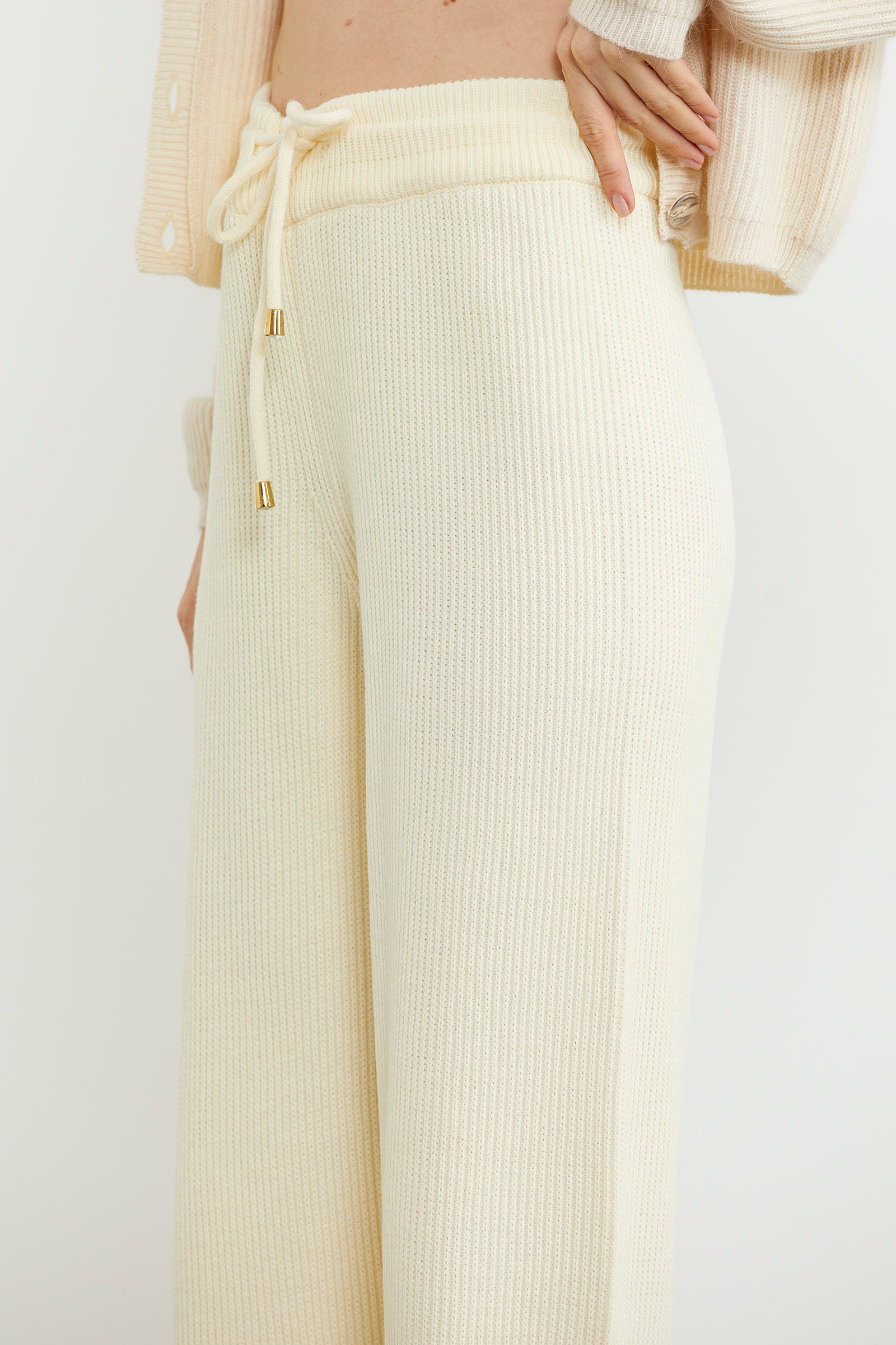 İnce Fitilli Beli Lastikli Triko Pantolon - Kemik (5) Sementa