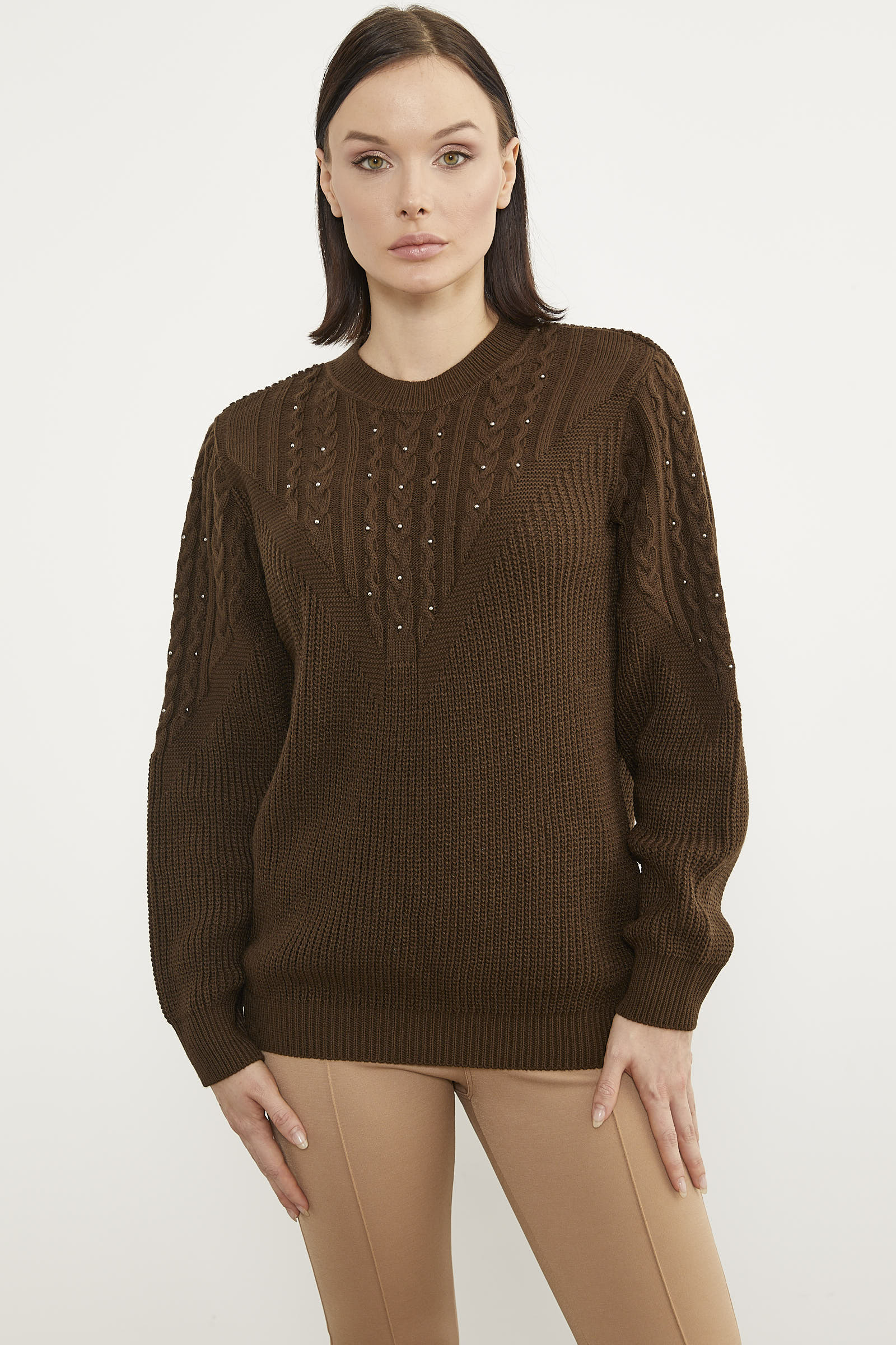 İnci Detaylı Dik Yaka Triko Kazak - Kahve (1) Sementa