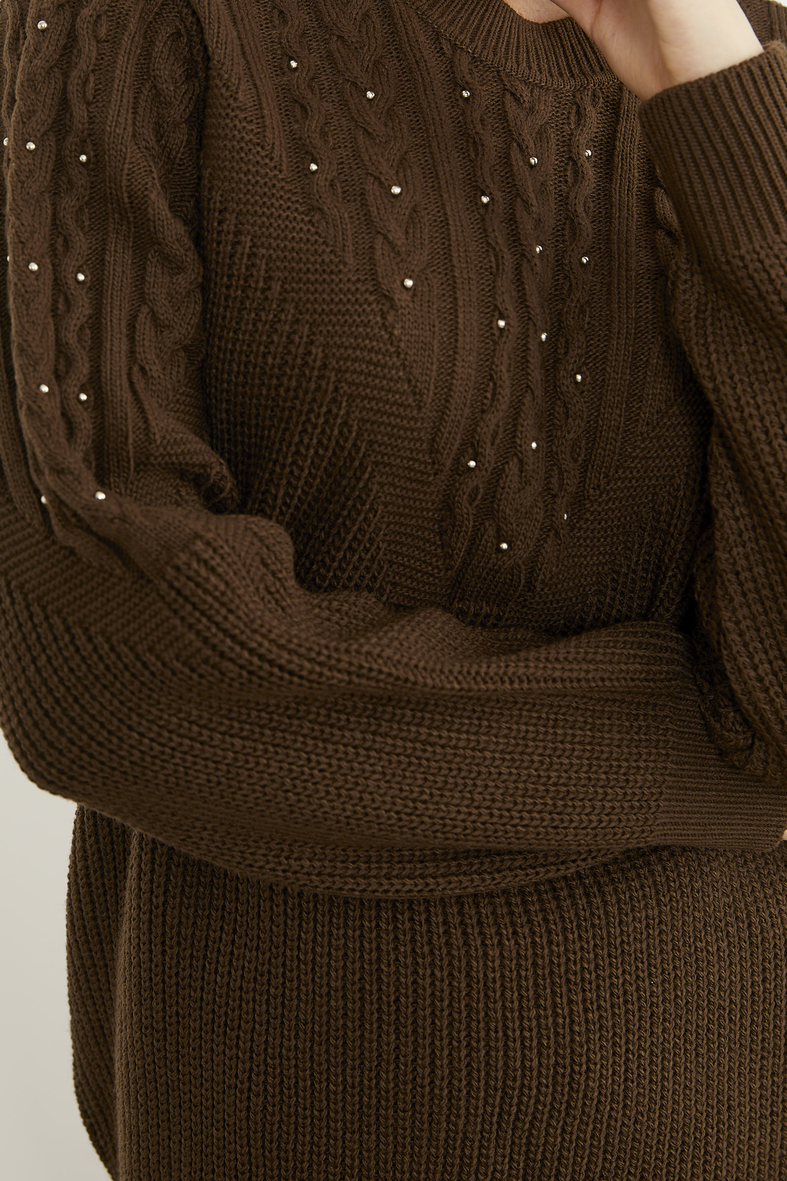 İnci Detaylı Dik Yaka Triko Kazak - Kahve (5) Sementa