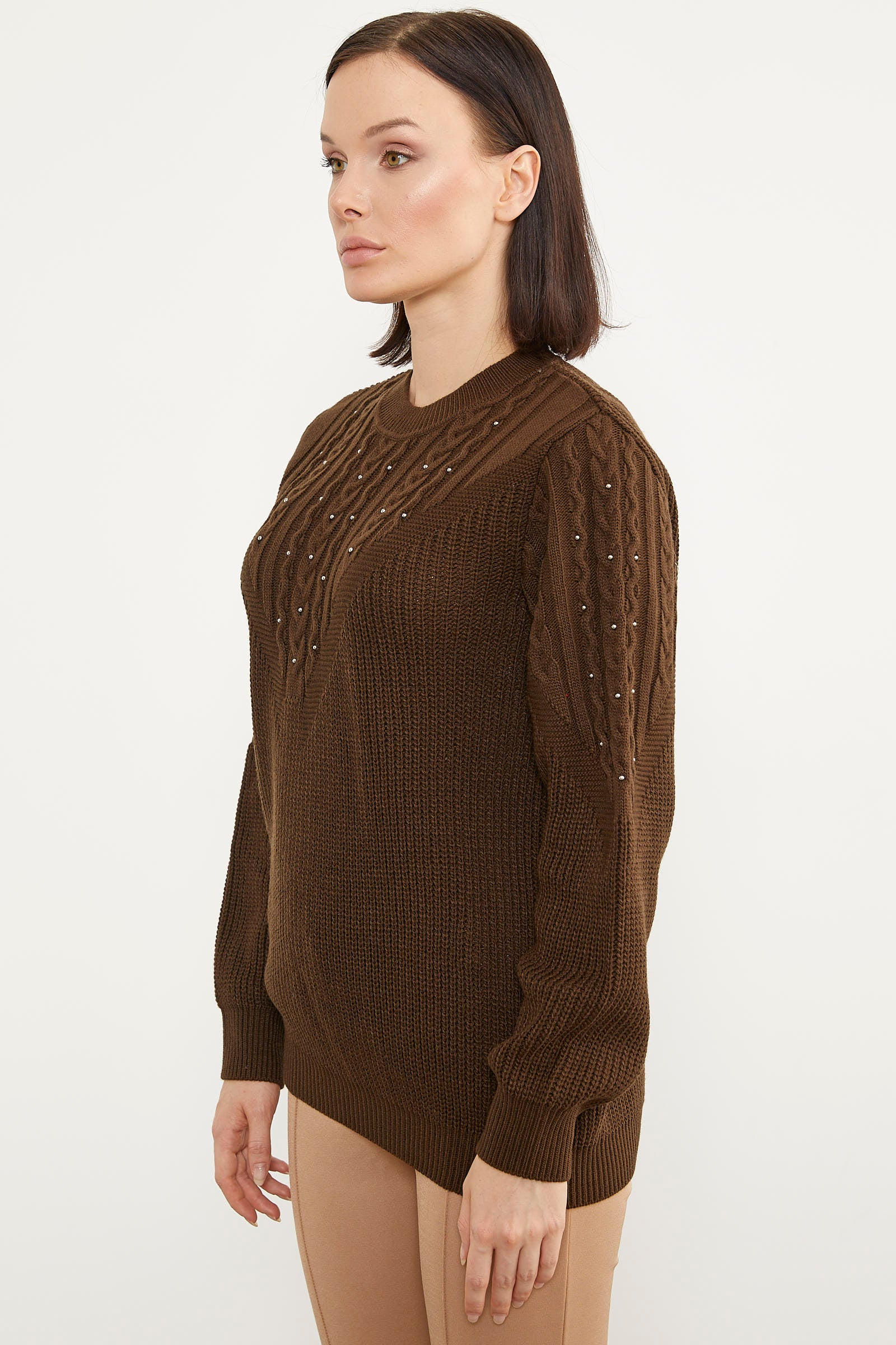 İnci Detaylı Dik Yaka Triko Kazak - Kahve (4) Sementa