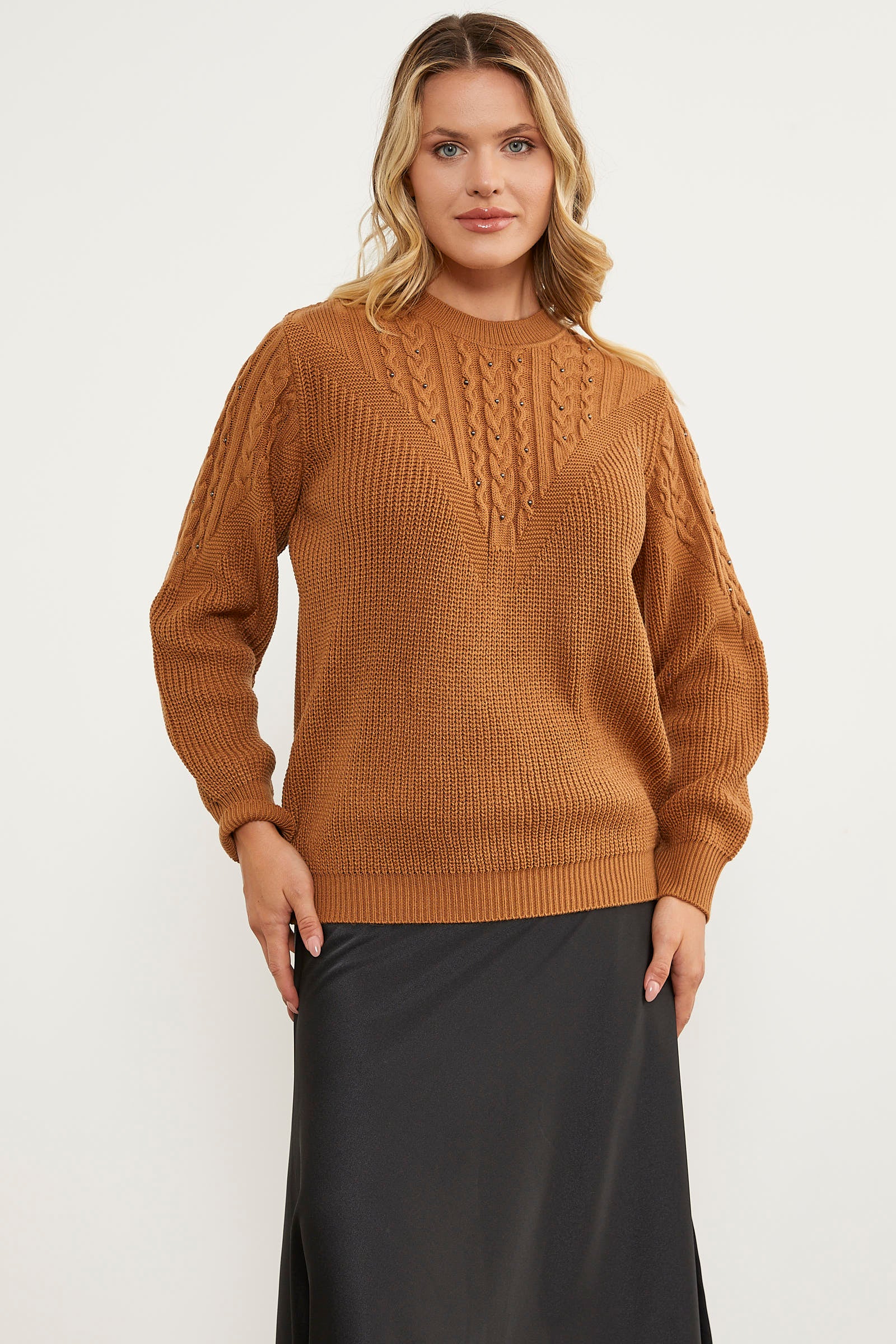 İnci Detaylı Dik Yaka Triko Kazak - Kamel (1) Sementa