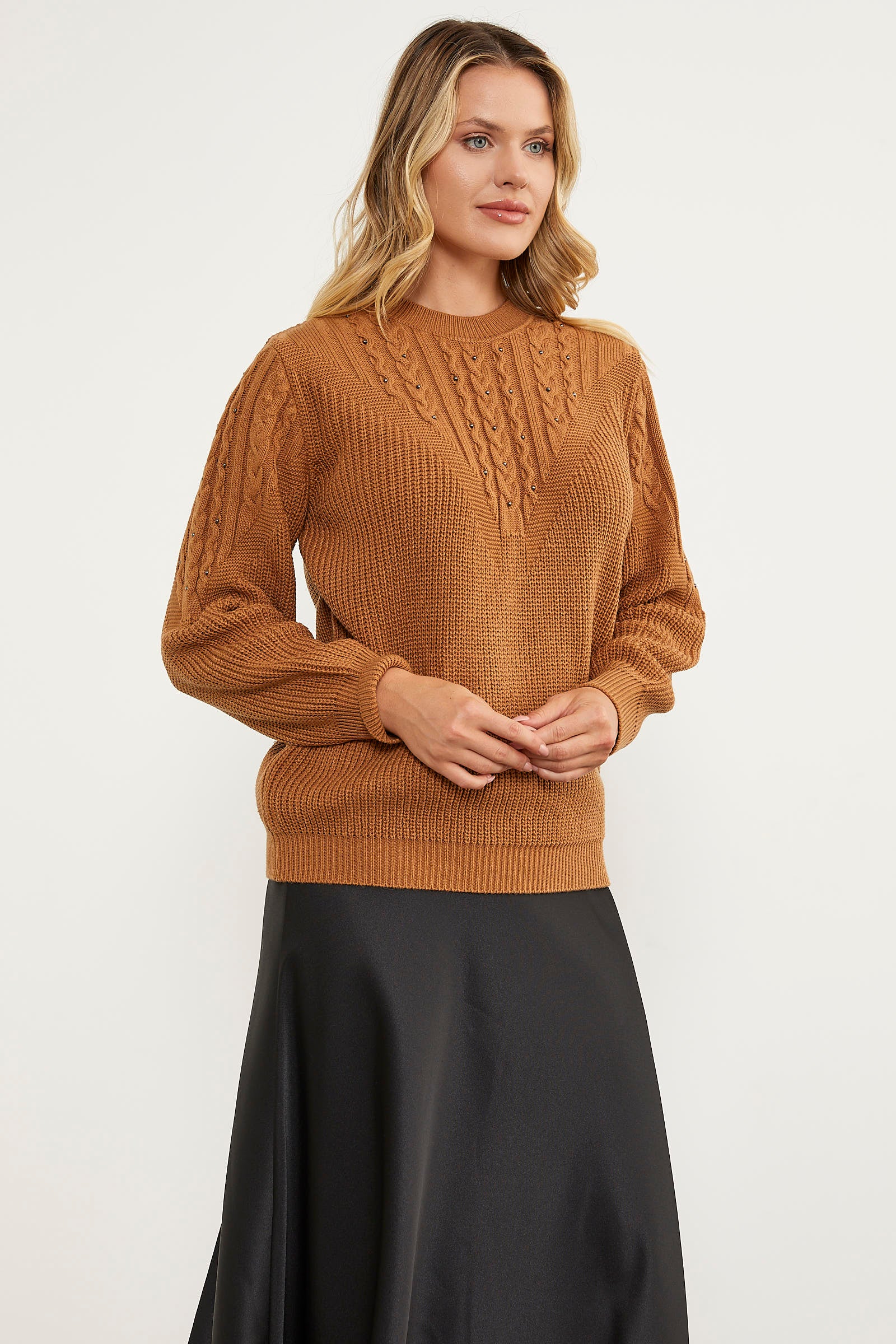 İnci Detaylı Dik Yaka Triko Kazak - Kamel (2) Sementa