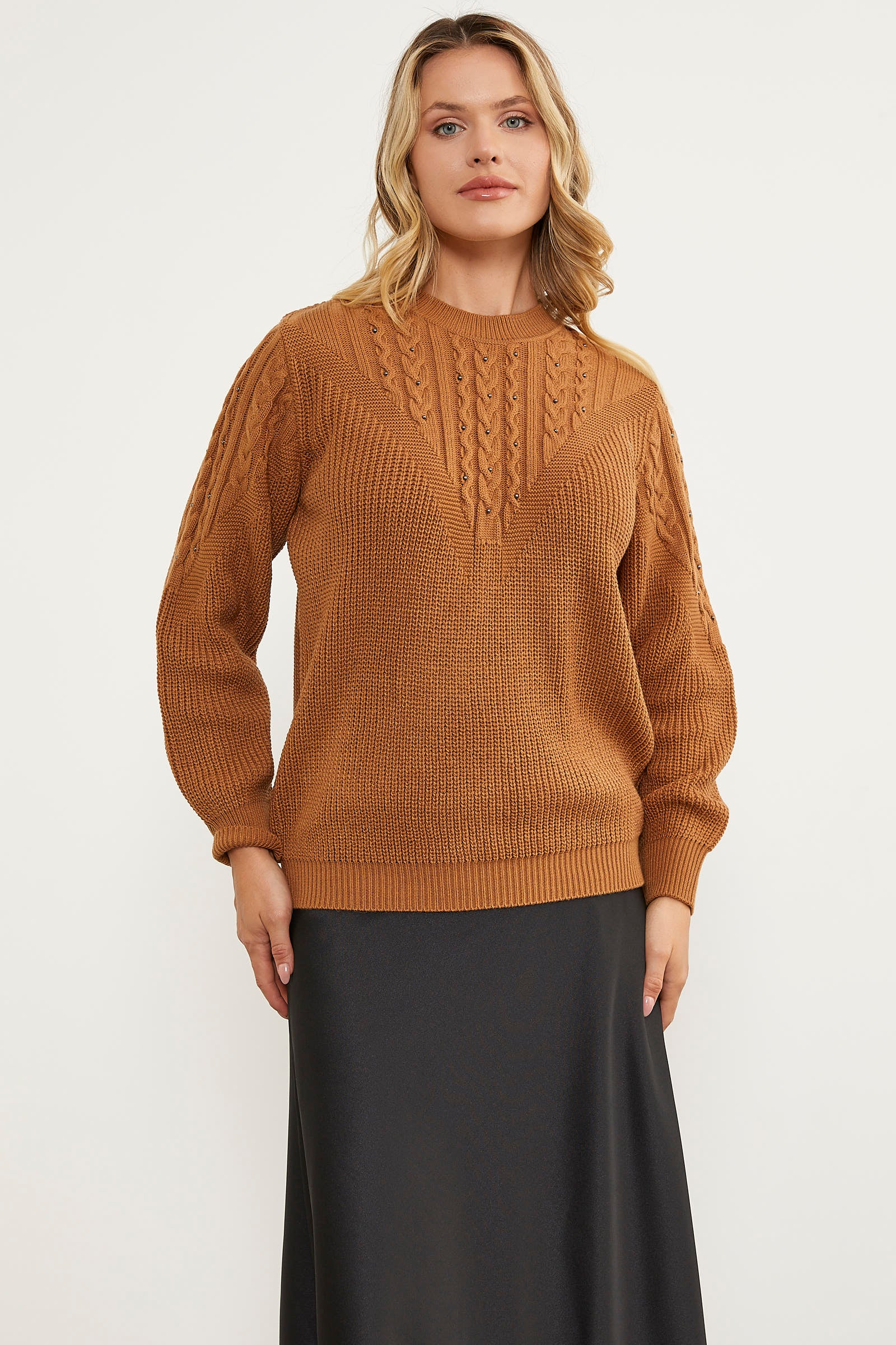 İnci Detaylı Dik Yaka Triko Kazak - Kamel (3) Sementa