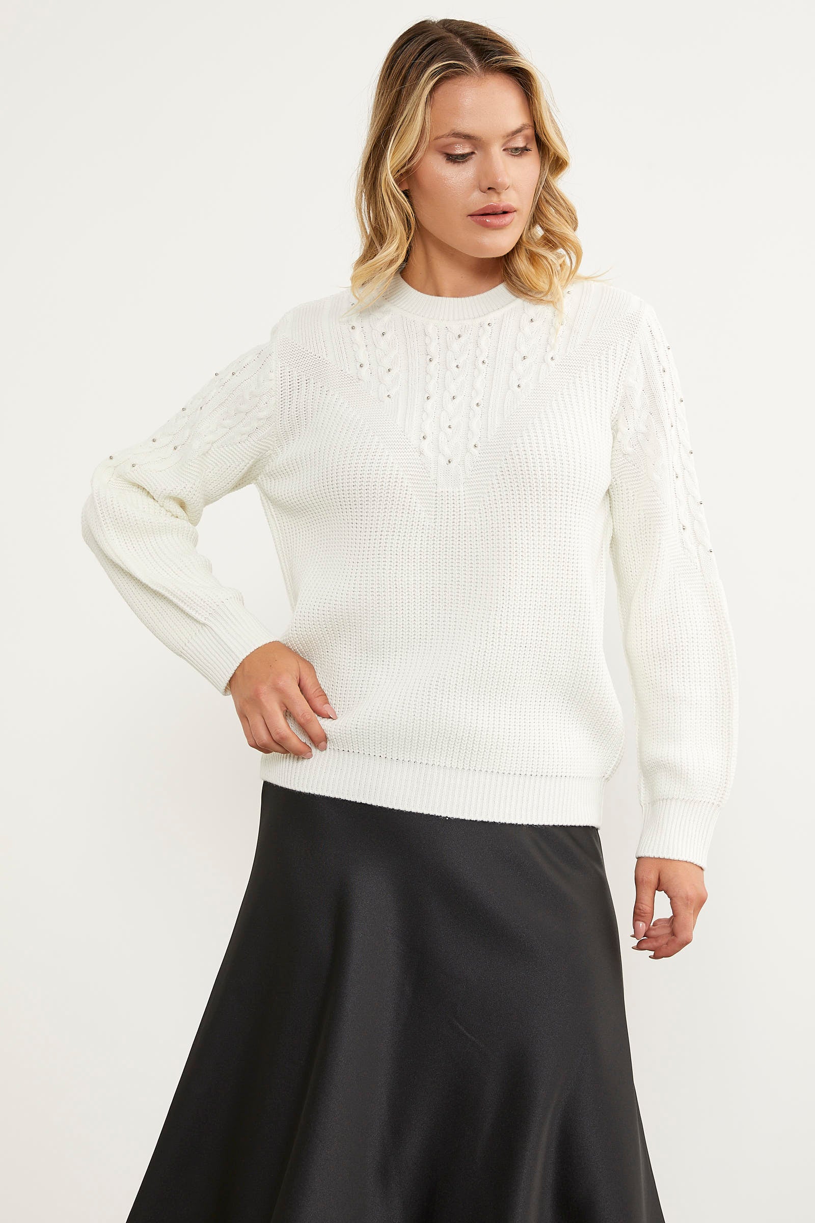 İnci Detaylı Dik Yaka Triko Kazak - Kemik (2) Sementa