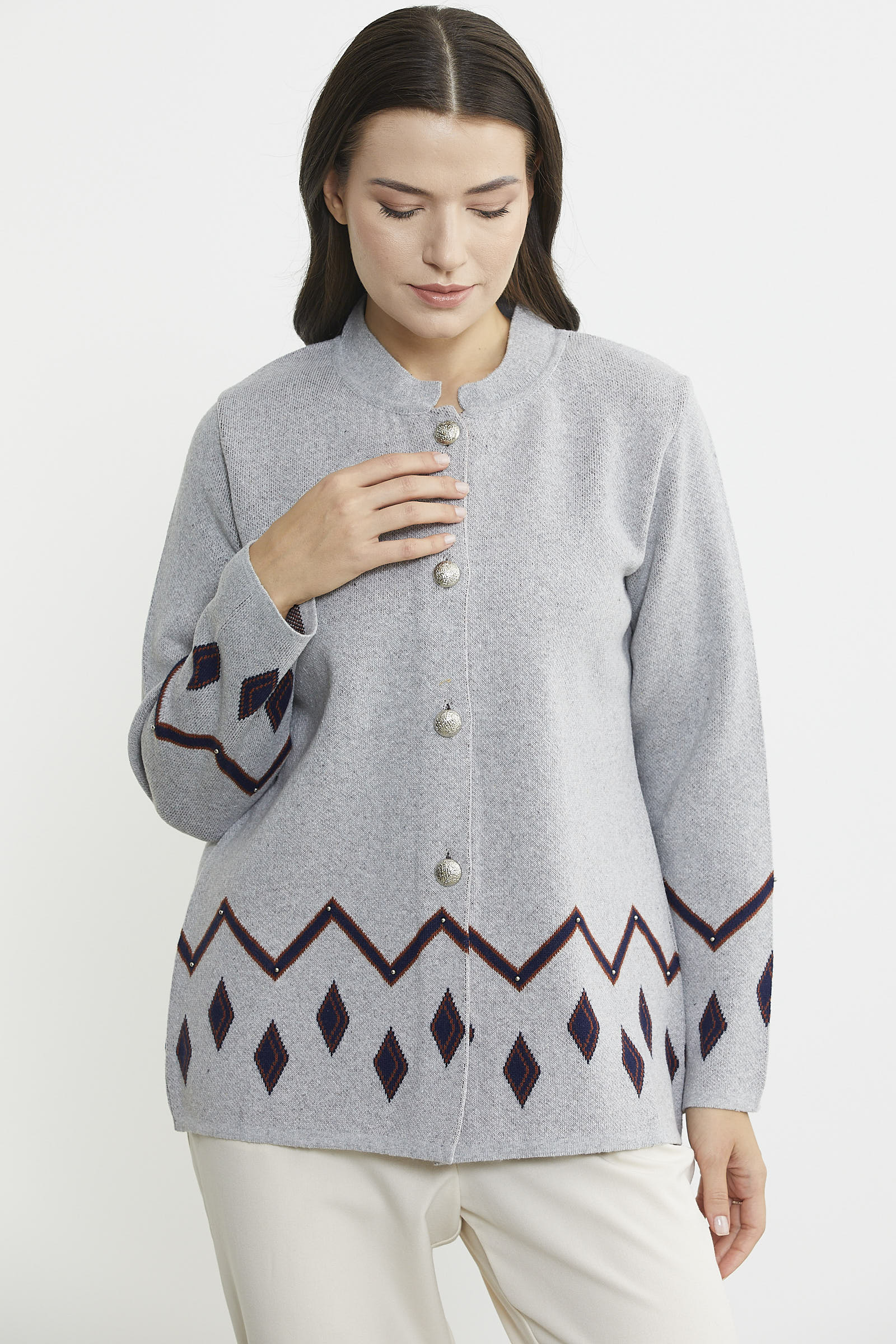 İnci Detaylı Yünlü Triko Ceket - Gri - Sementa