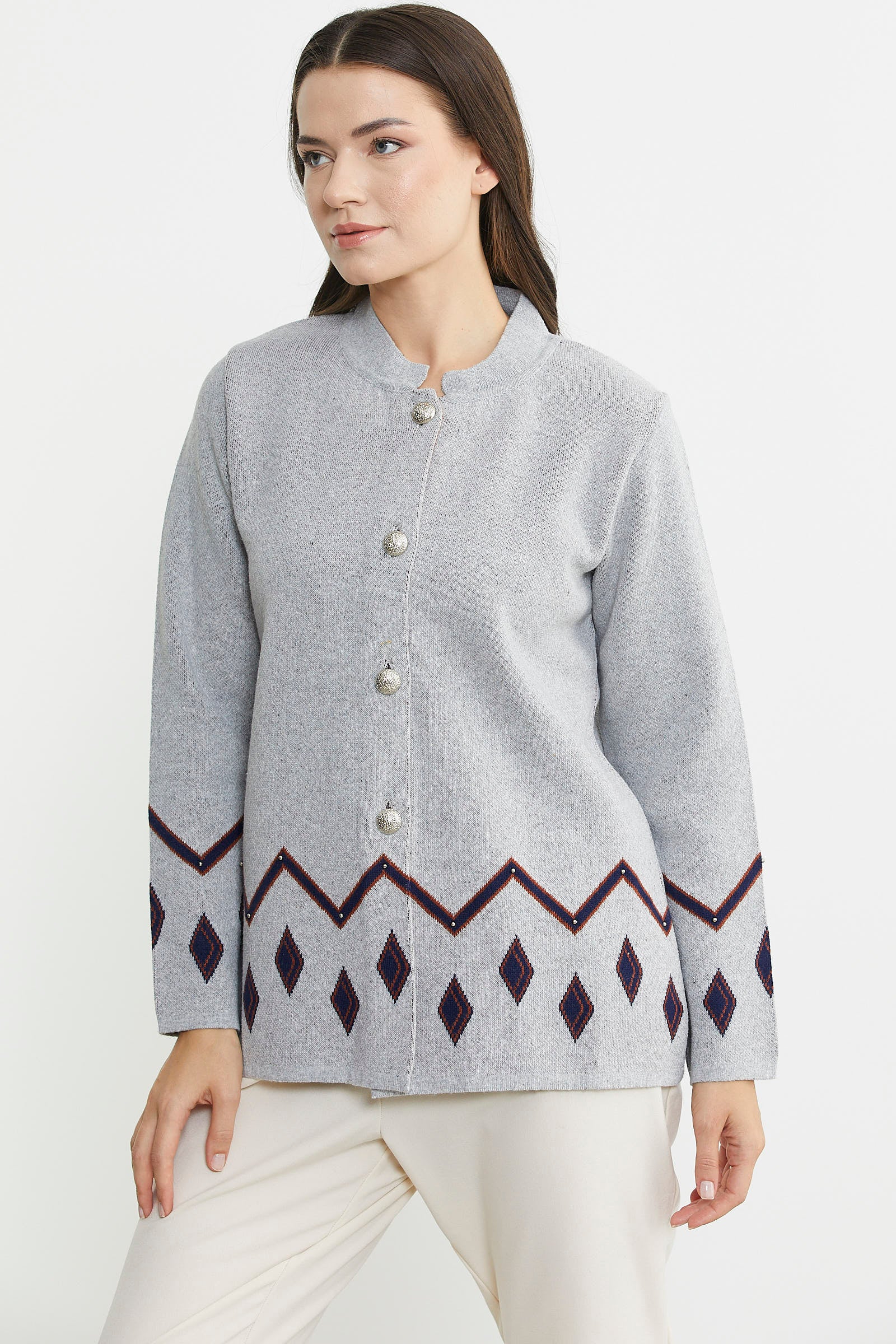 İnci Detaylı Yünlü Triko Ceket - Gri - Sementa