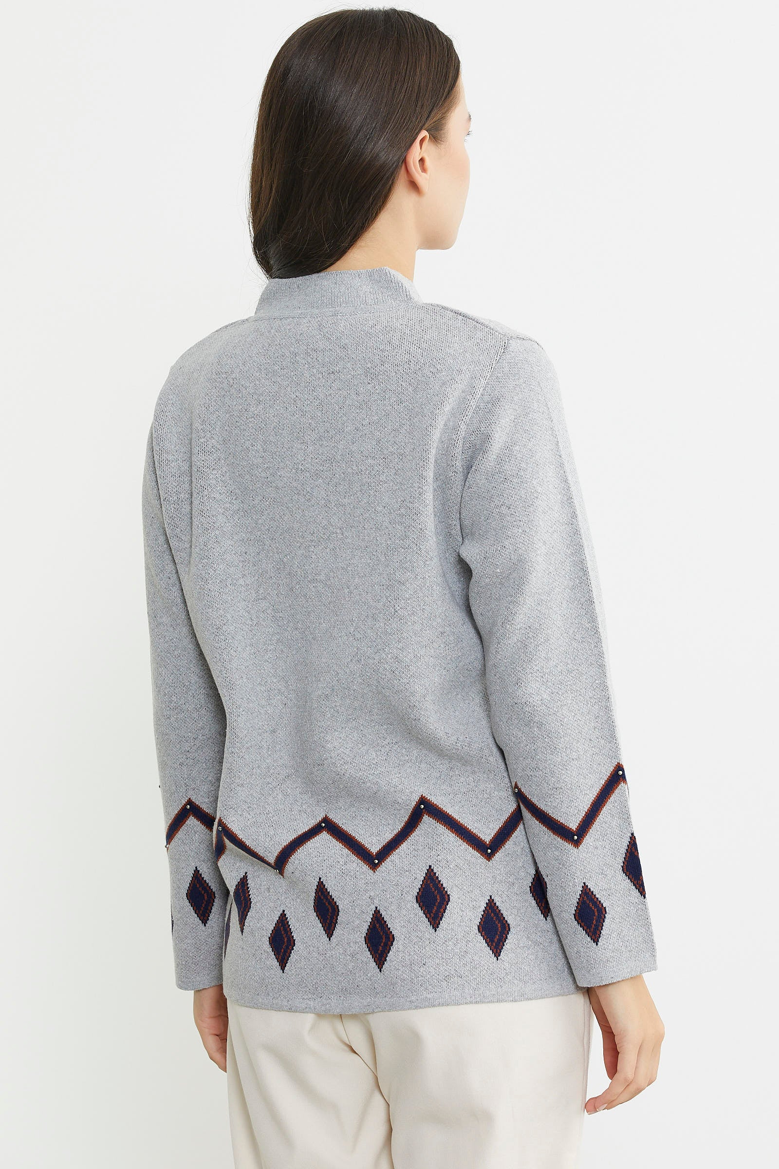 İnci Detaylı Yünlü Triko Ceket - Gri - Sementa