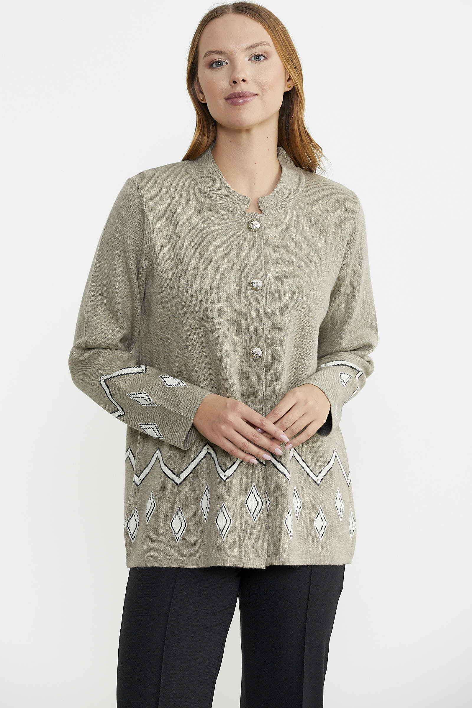 İnci Detaylı Yünlü Triko Ceket - Koyu Bej - Sementa