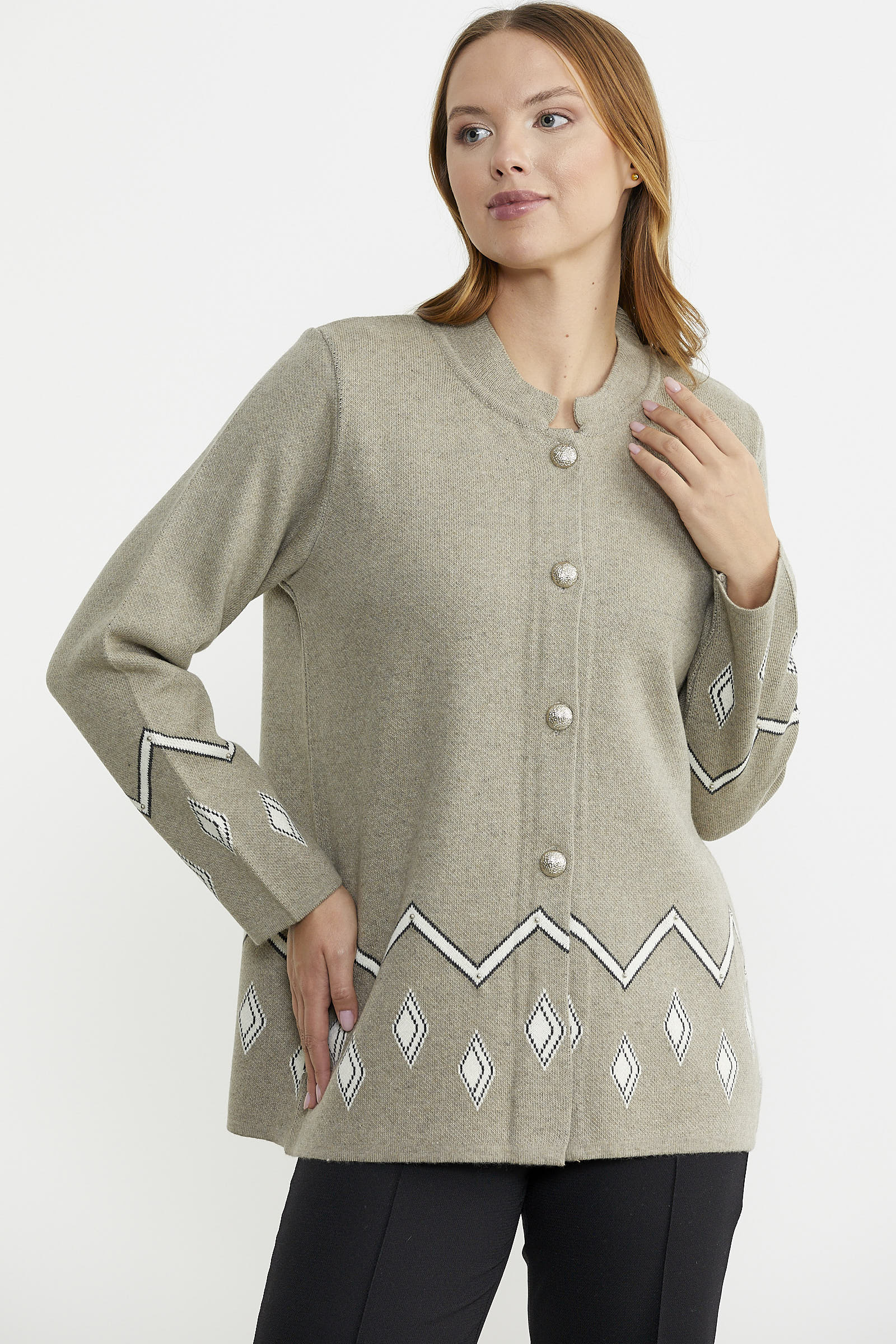 İnci Detaylı Yünlü Triko Ceket - Koyu Bej - Sementa