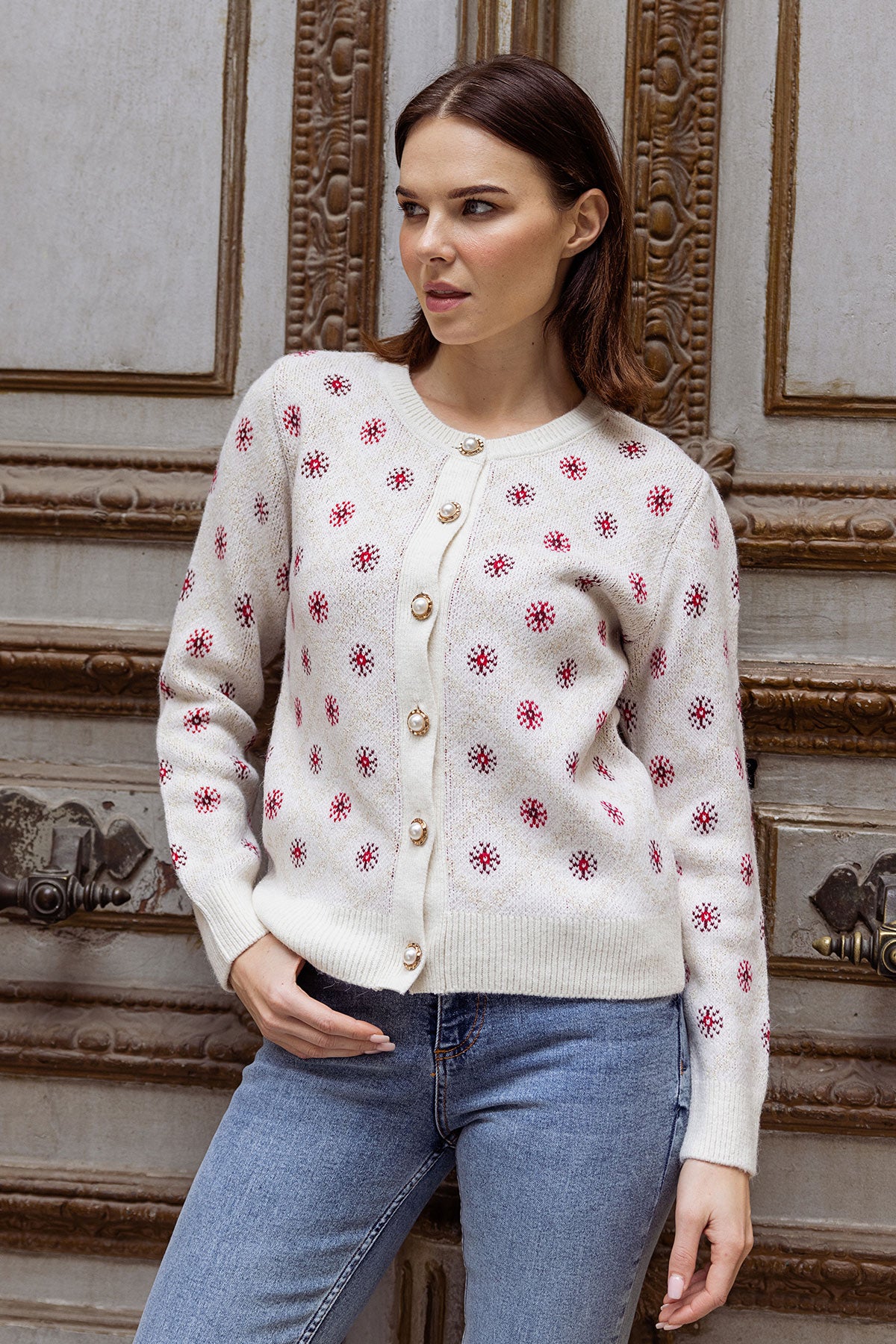 İnci Düğmeli Çiçek Desenli Triko Hırka - Kemik (3) Sementa