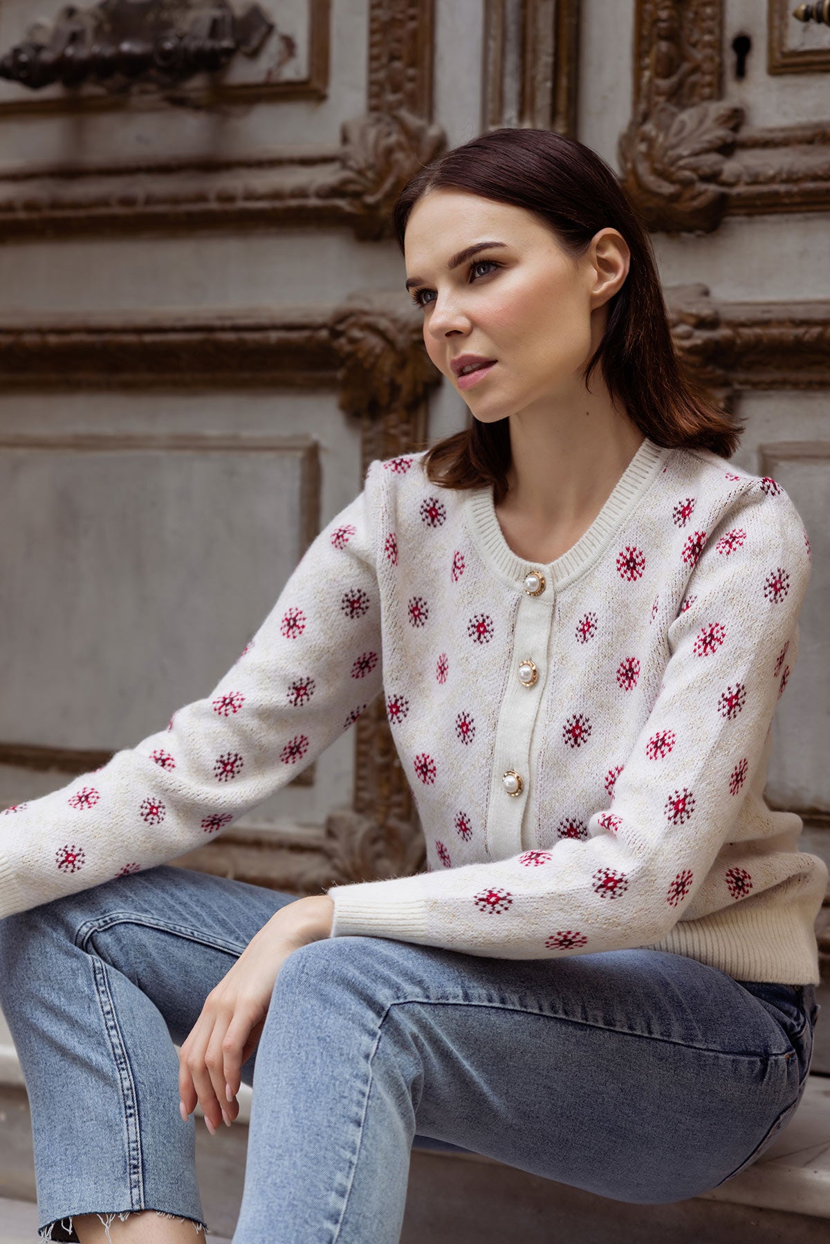 İnci Düğmeli Çiçek Desenli Triko Hırka - Kemik (4) Sementa