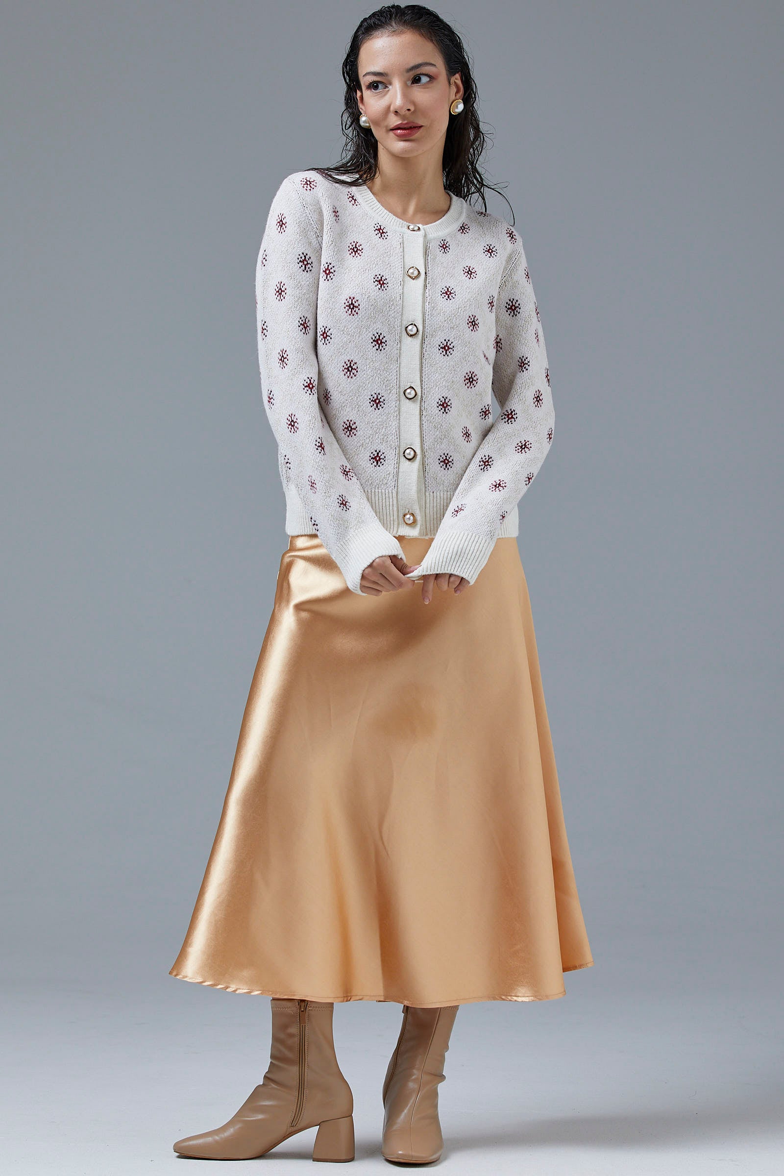 İnci Düğmeli Çiçek Desenli Triko Hırka - Kemik (5) Sementa