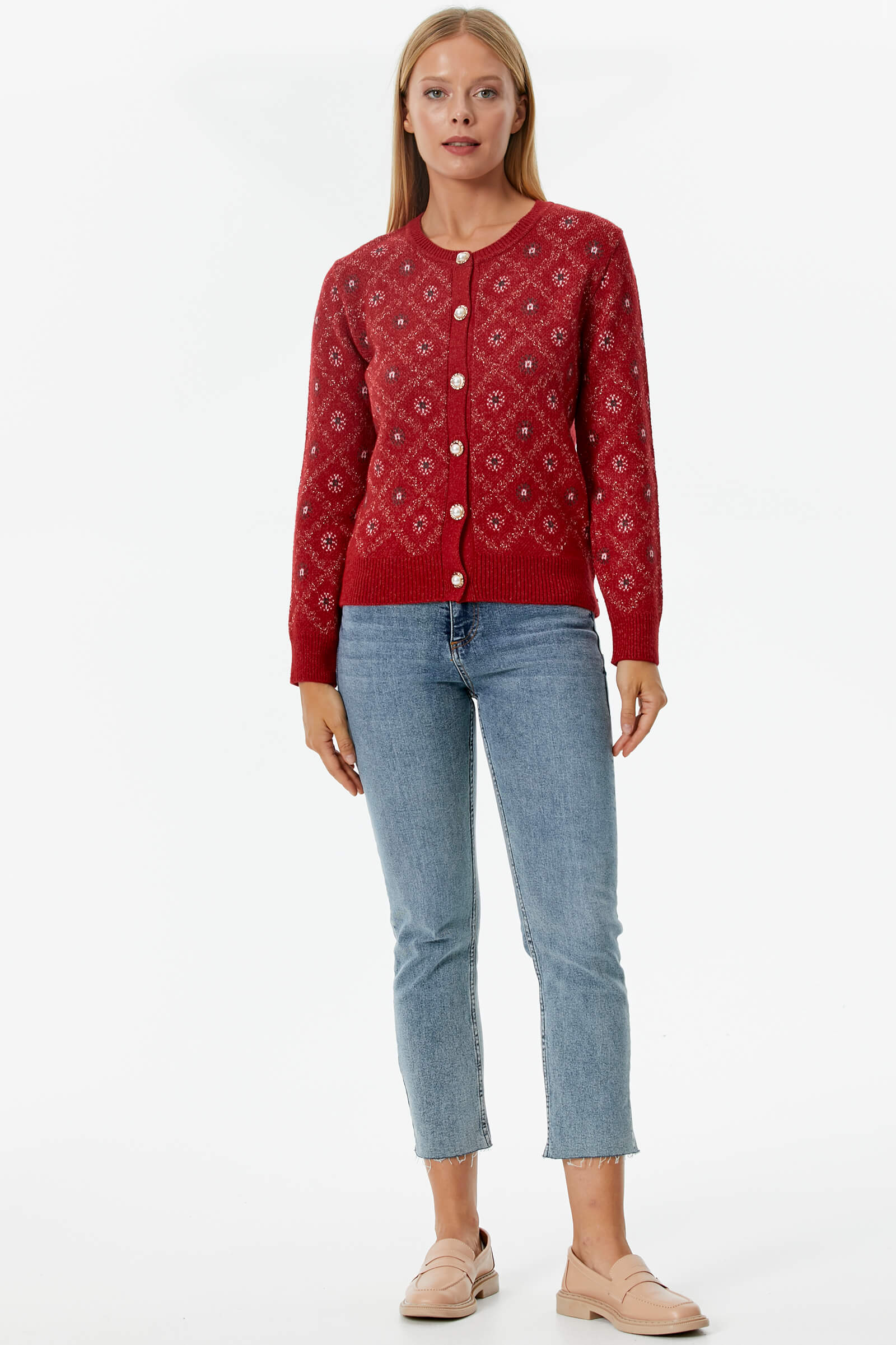 İnci Düğmeli Çiçek Desenli Triko Hırka - Kırmızı (2) Sementa